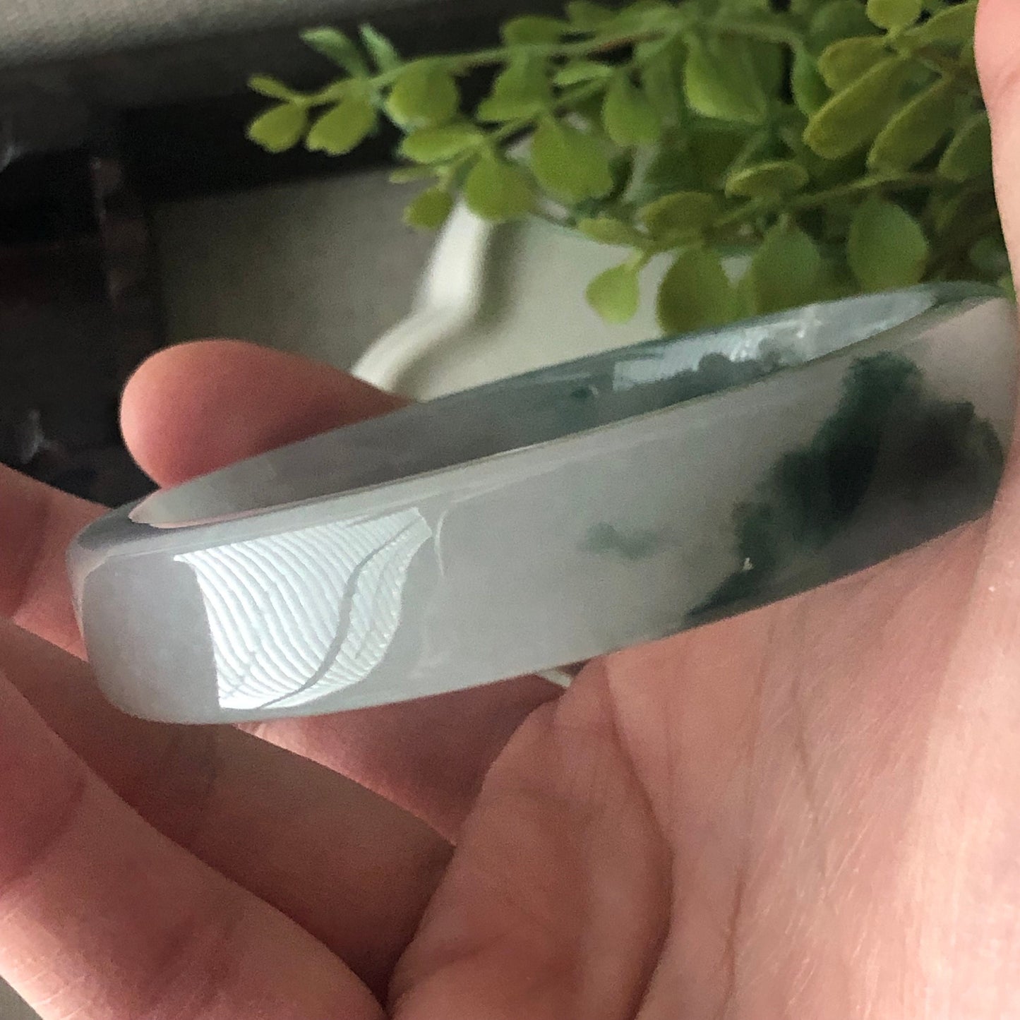 57mm Icy Green Float Flowers Square Shaped Jadeite Jade Bangle