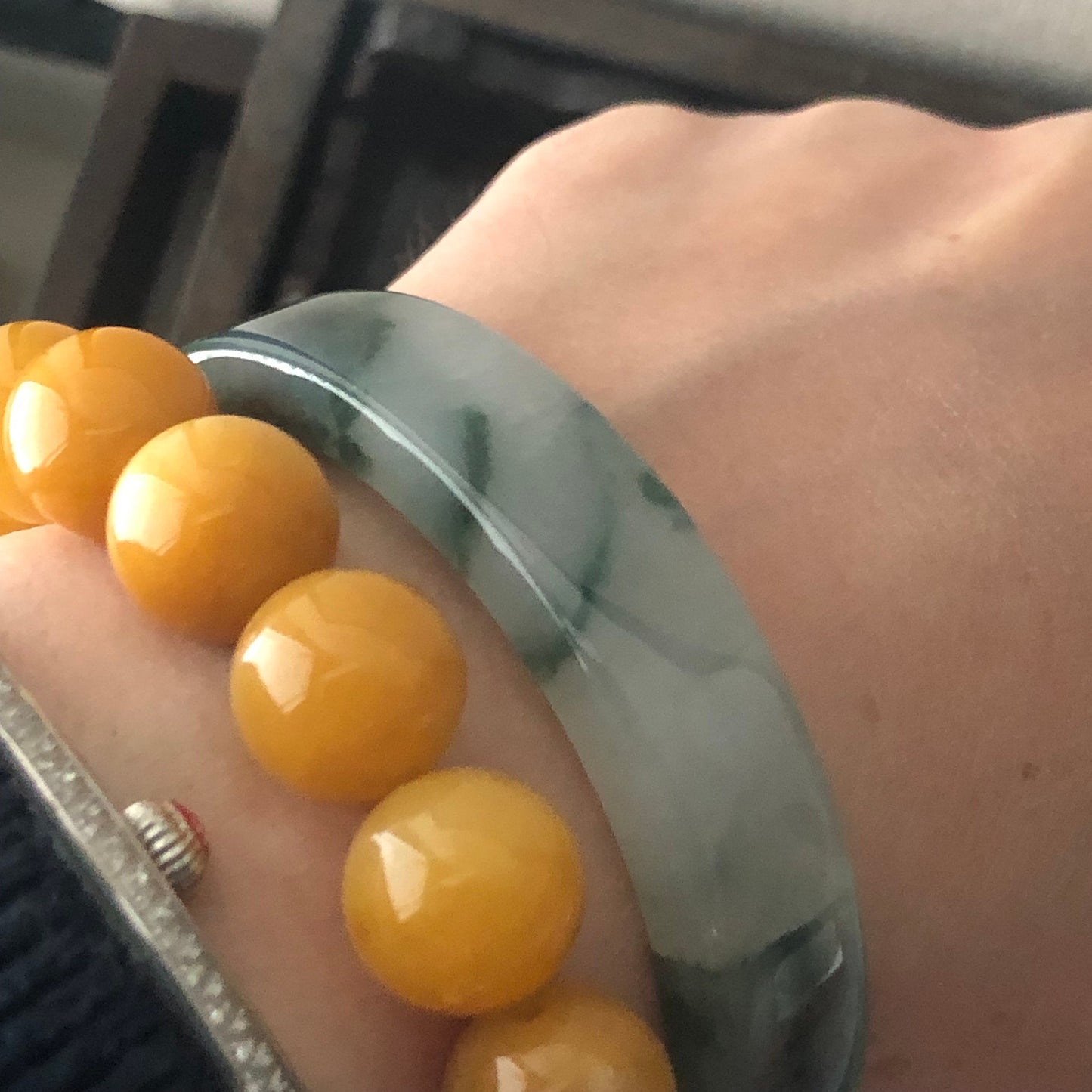 57mm Icy Green Float Flowers Square Shaped Jadeite Jade Bangle