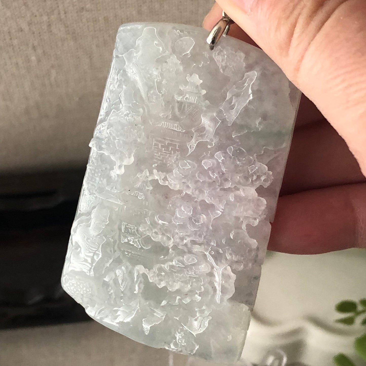 63.8mm High Icy Jadeite Jade Green Carved Floral Landscape Scenery Pendant
