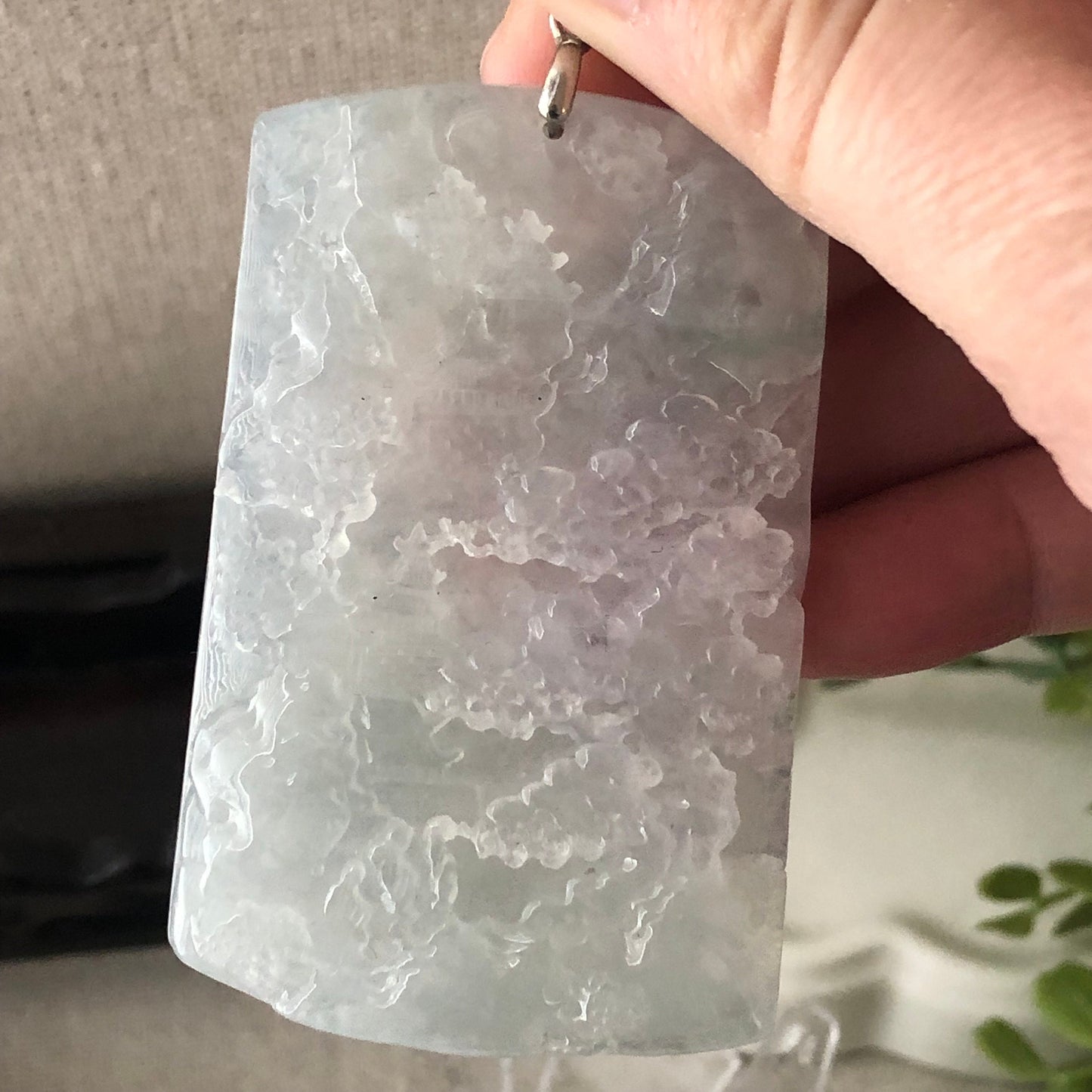 63.8mm High Icy Jadeite Jade Green Carved Floral Landscape Scenery Pendant