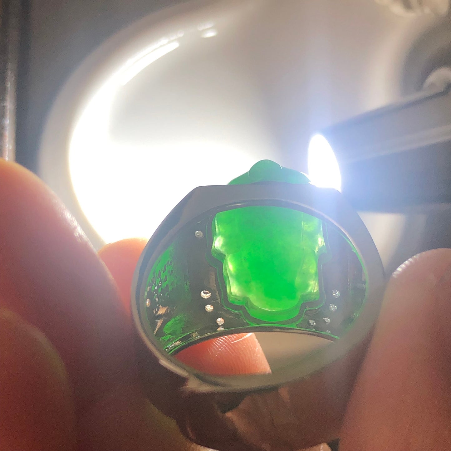 One Size 925 Silver 17mm Jadeite Jade Green Carved Pixiu Ring