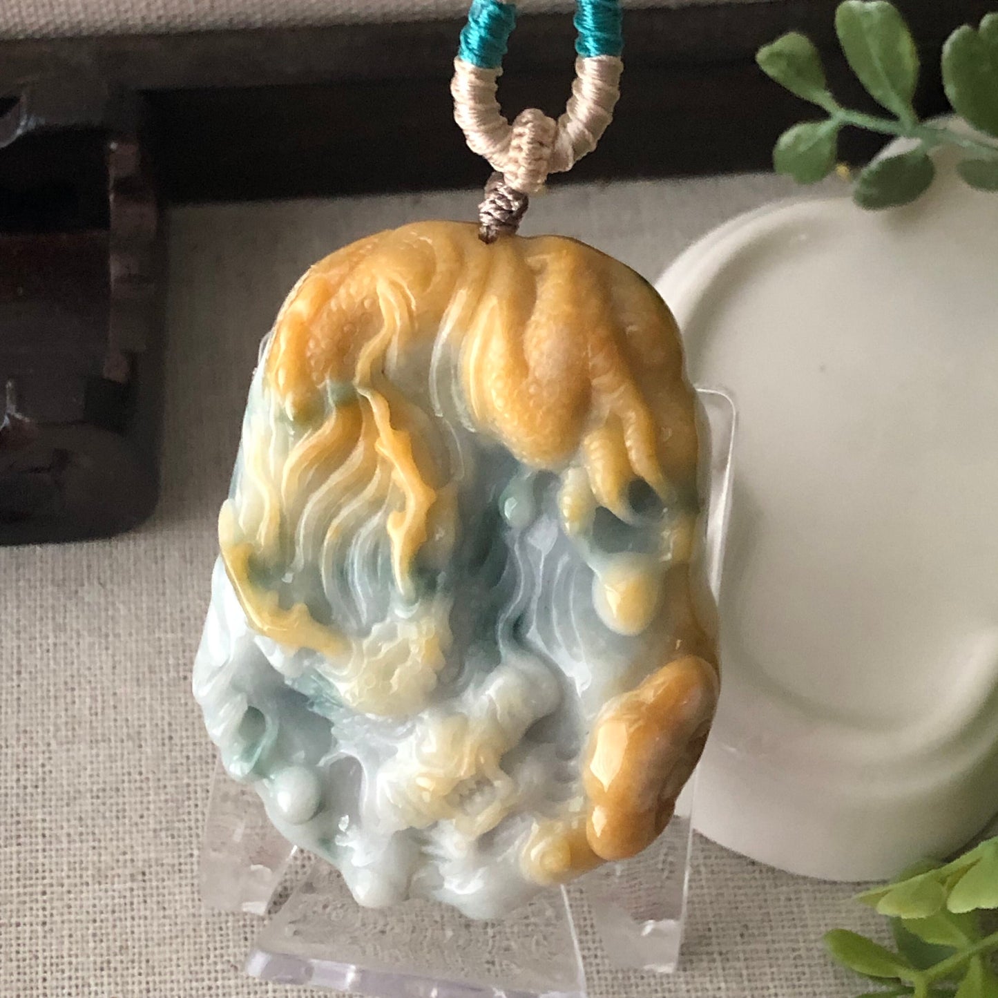 59mm Yellow Green Jadeite Jade Carved Dragon Pendant
