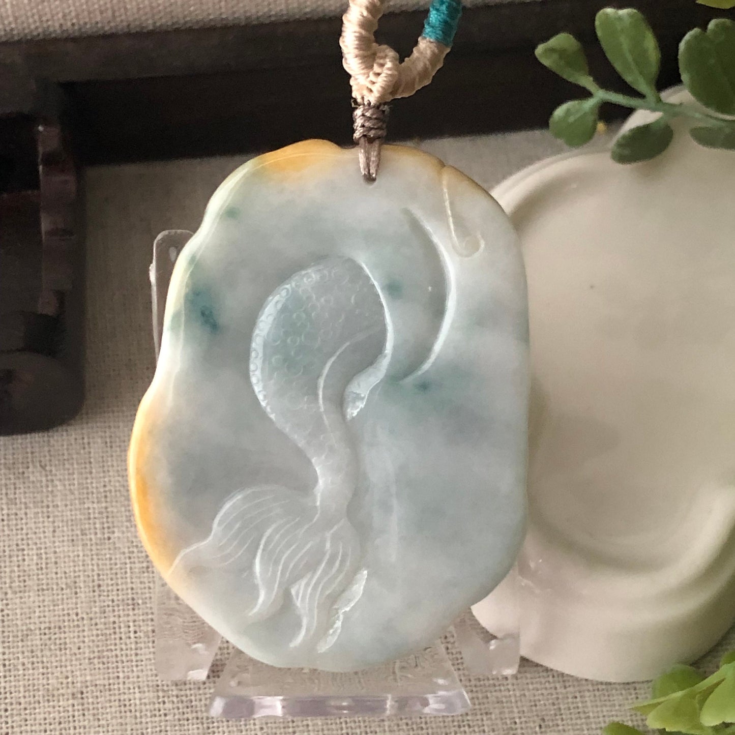 59mm Yellow Green Jadeite Jade Carved Dragon Pendant