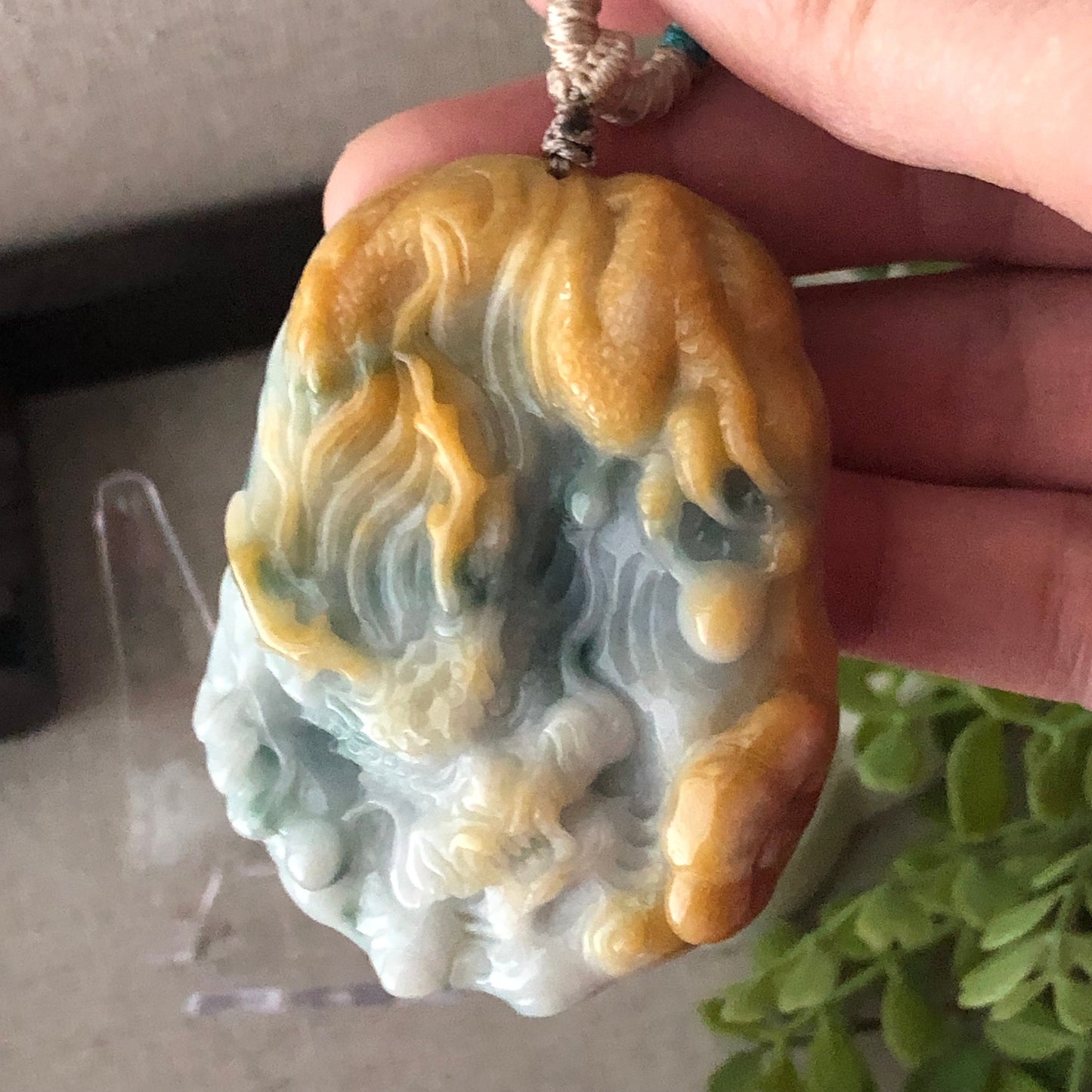 59mm Yellow Green Jadeite Jade Carved Dragon Pendant