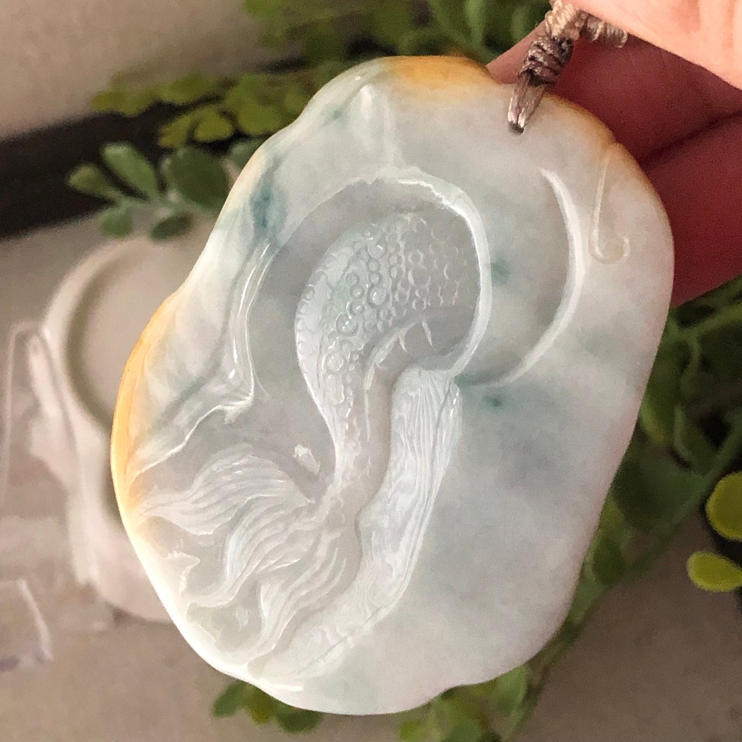 59mm Yellow Green Jadeite Jade Carved Dragon Pendant