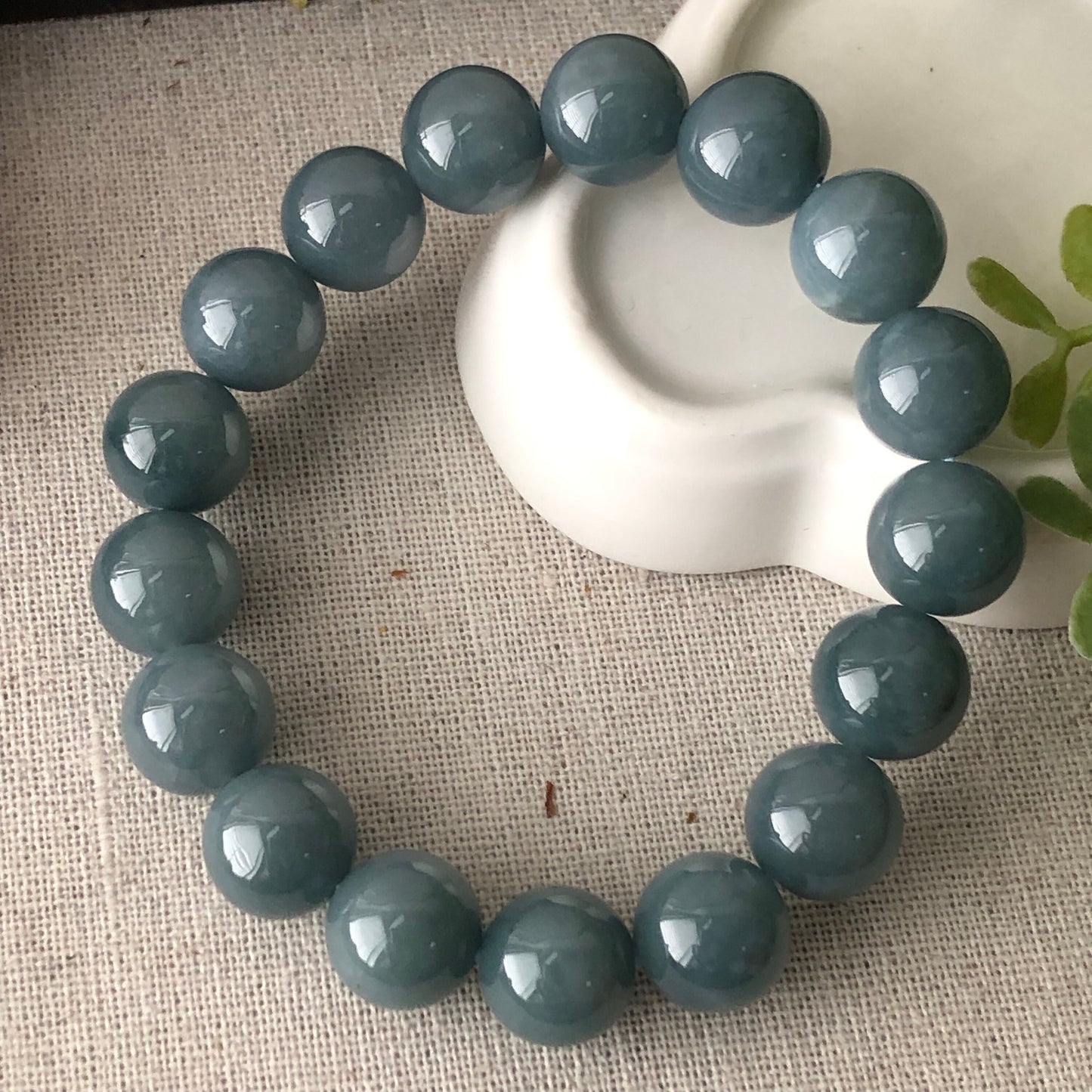 12.5 mm Glossy Moist GreenBlue Jadeite Jade Bead Bracelet