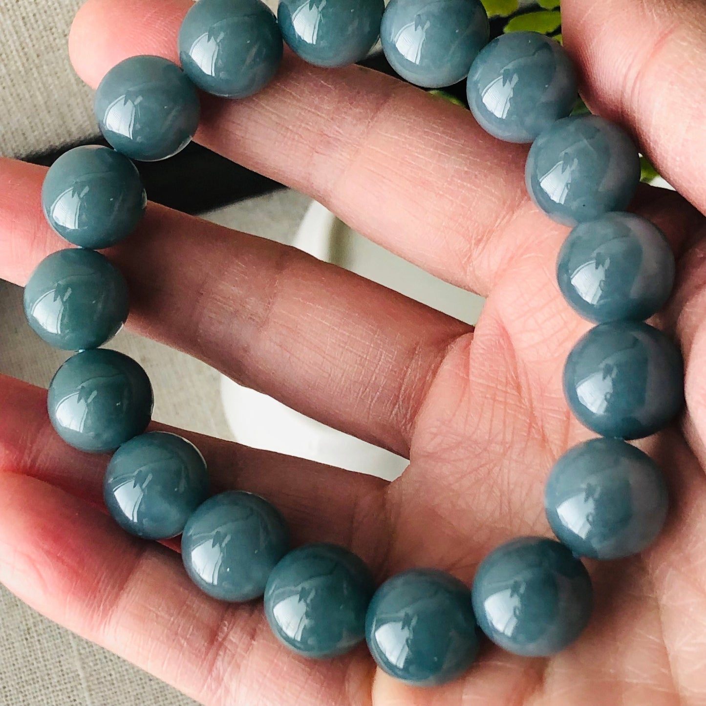 12.5 mm Glossy Moist GreenBlue Jadeite Jade Bead Bracelet