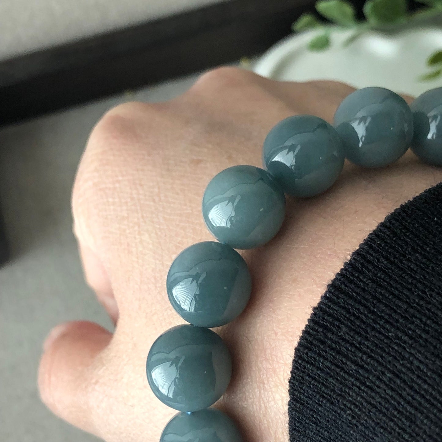 12.5 mm Glossy Moist GreenBlue Jadeite Jade Bead Bracelet