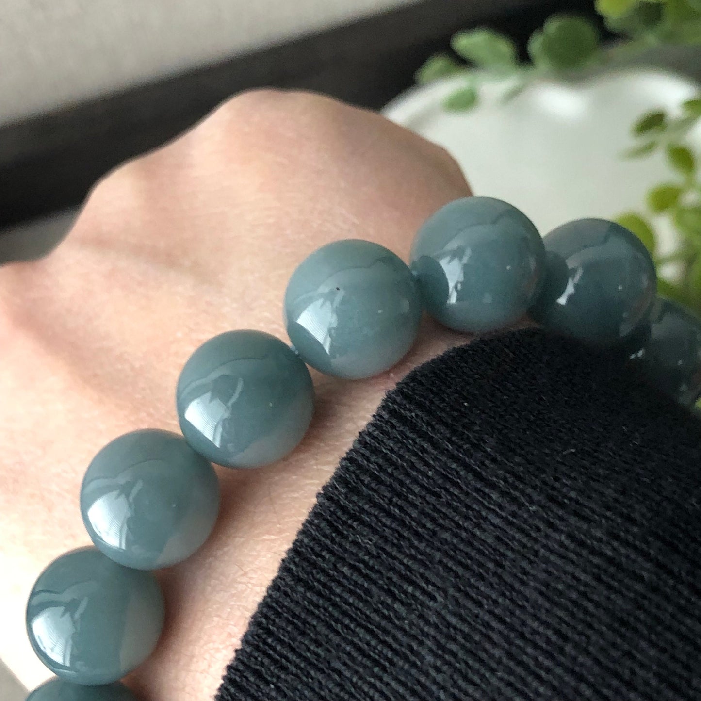 12.5 mm Glossy Moist GreenBlue Jadeite Jade Bead Bracelet