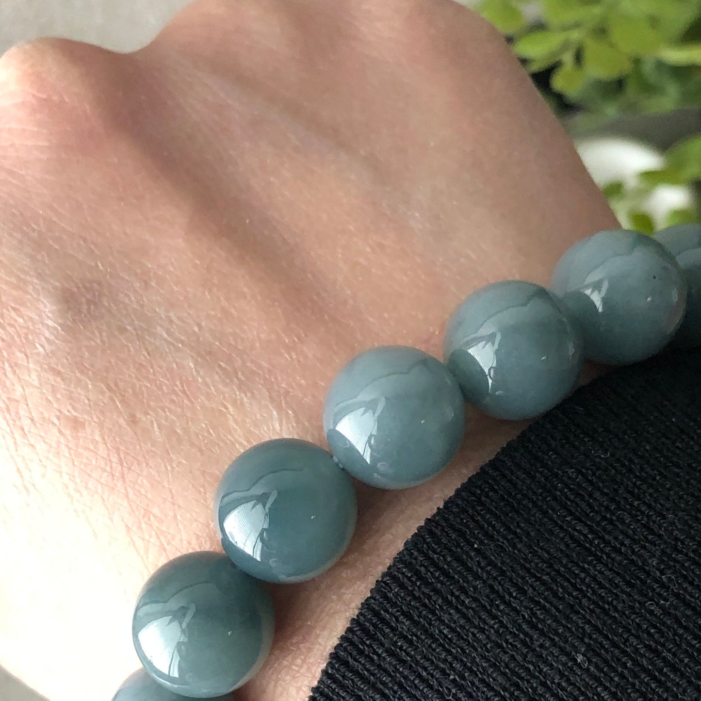 12.5 mm Glossy Moist GreenBlue Jadeite Jade Bead Bracelet