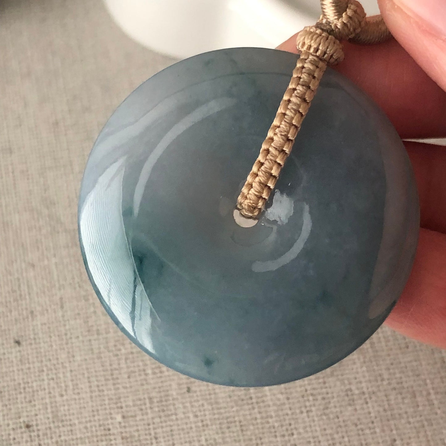38.5mm Blue Glow Green Float Flowers Jadeite Jade Peace Donut Pendant