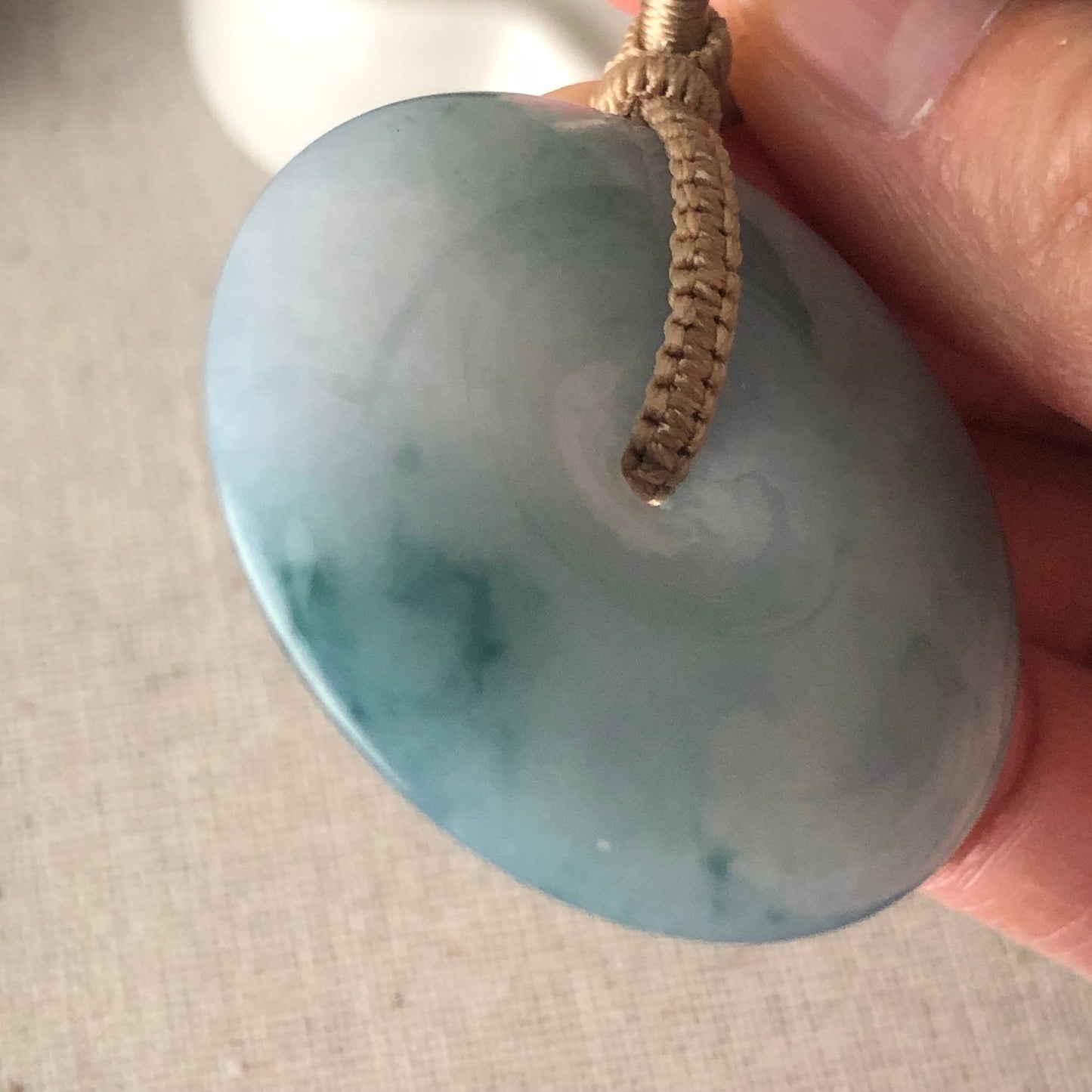 38.5mm Blue Glow Green Float Flowers Jadeite Jade Peace Donut Pendant