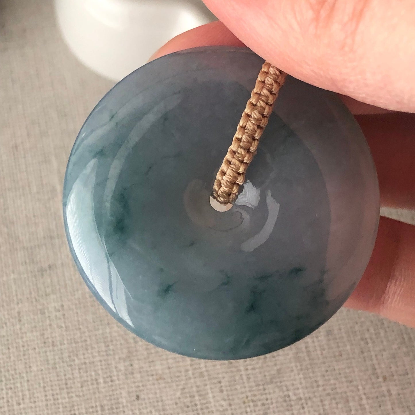 38.5mm Blue Glow Green Float Flowers Jadeite Jade Peace Donut Pendant