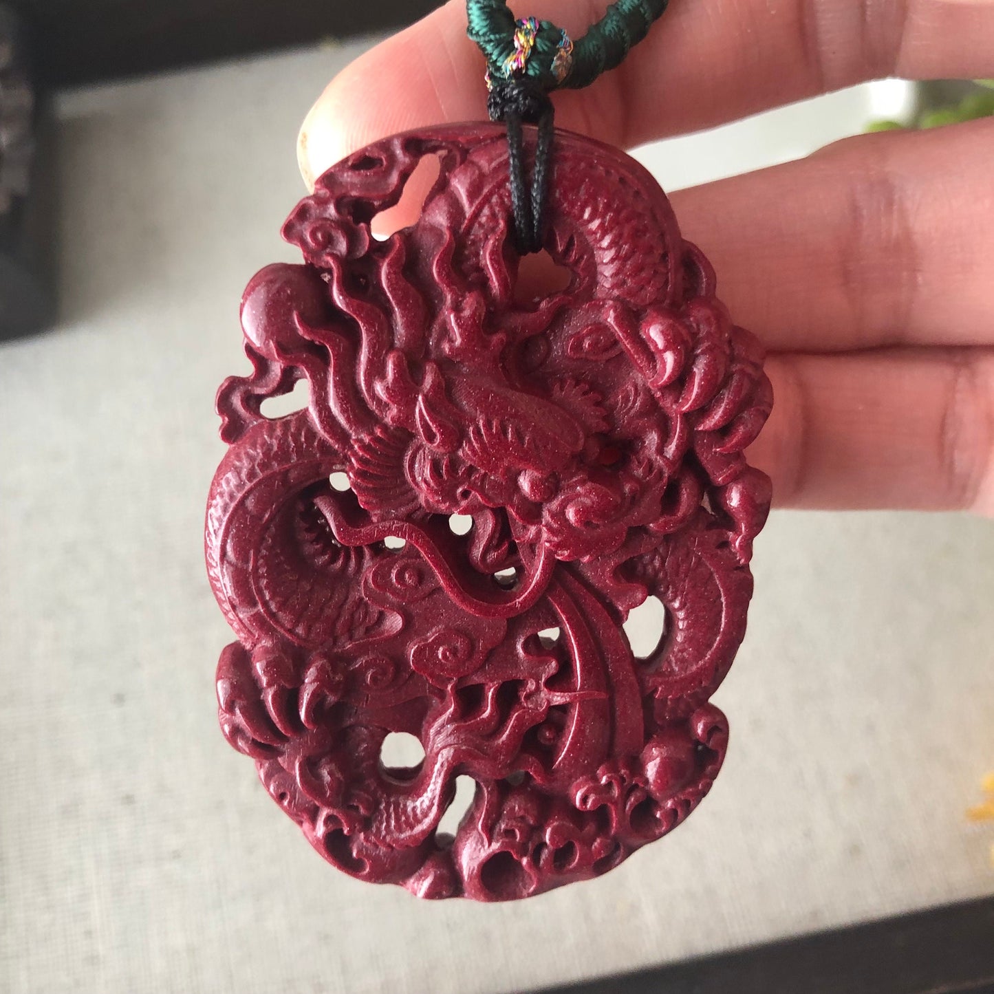 60mm Cinnabar Carved Dragon Key Charm Pendant