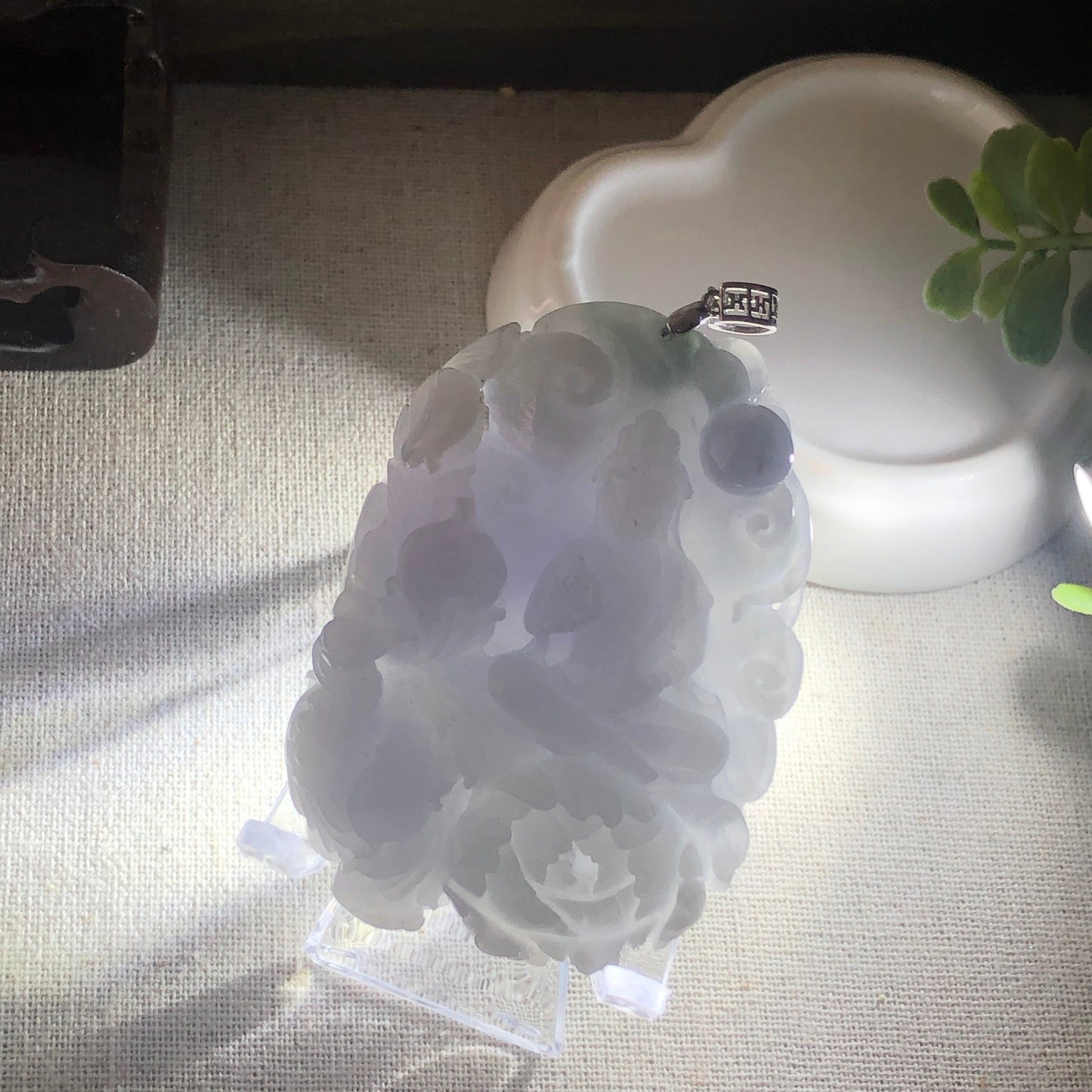 65.7 mm Icy Lavender Blue Jade Guanyin Phoenix Flower Pendant
