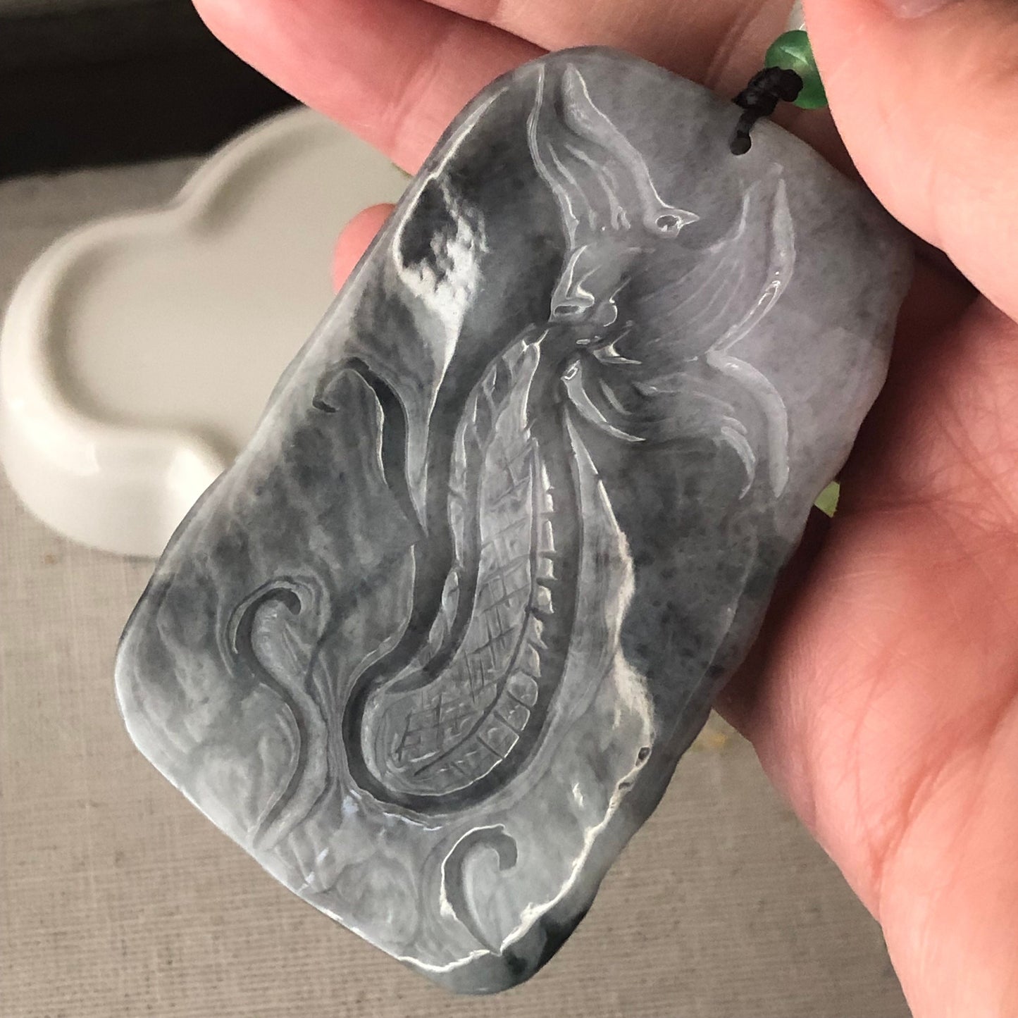 66.6mm Jadeite Jade Wuji Grey Carved Dragon Pendant