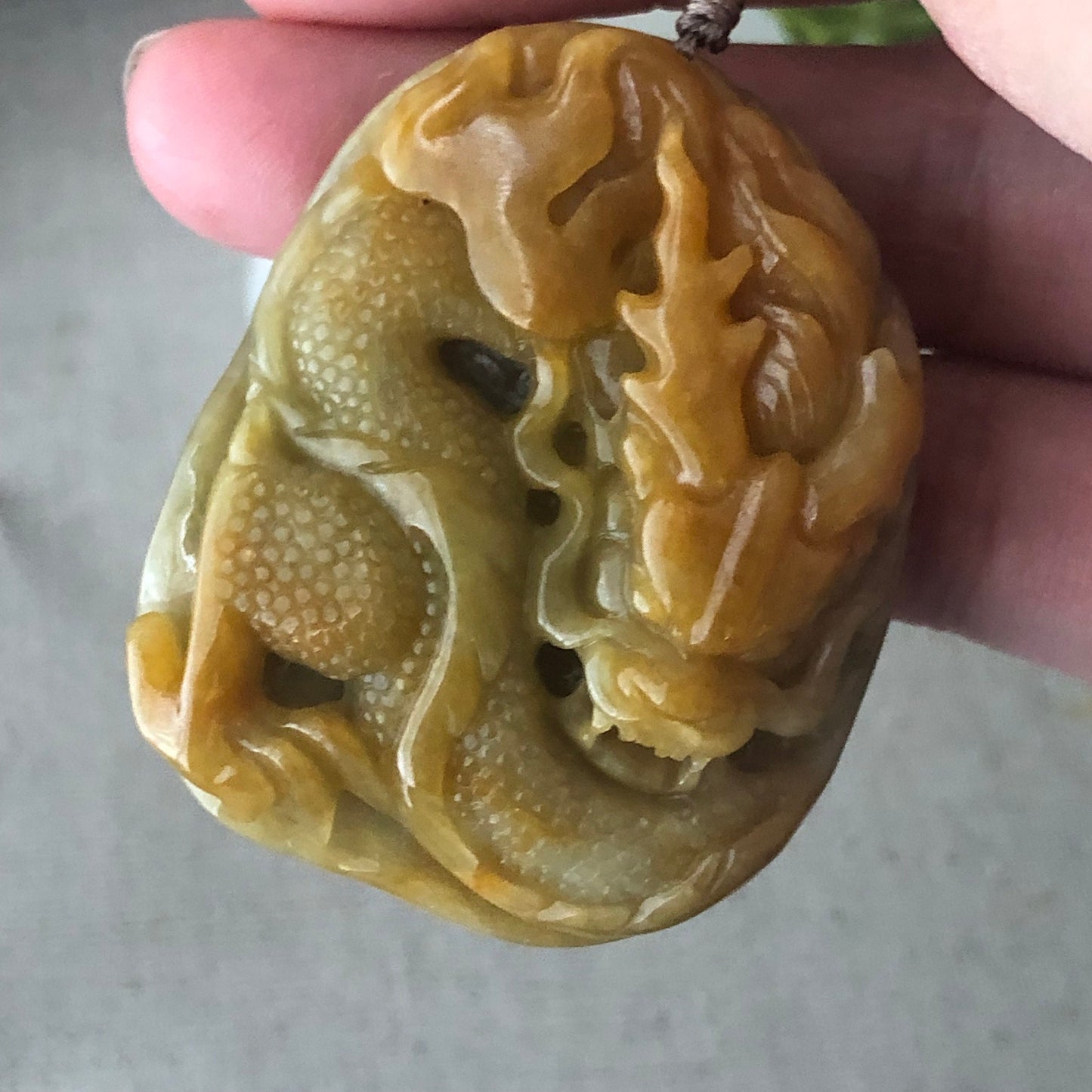 48mm Yellow Brown Jadeite Jade Carved Dragon Pendant