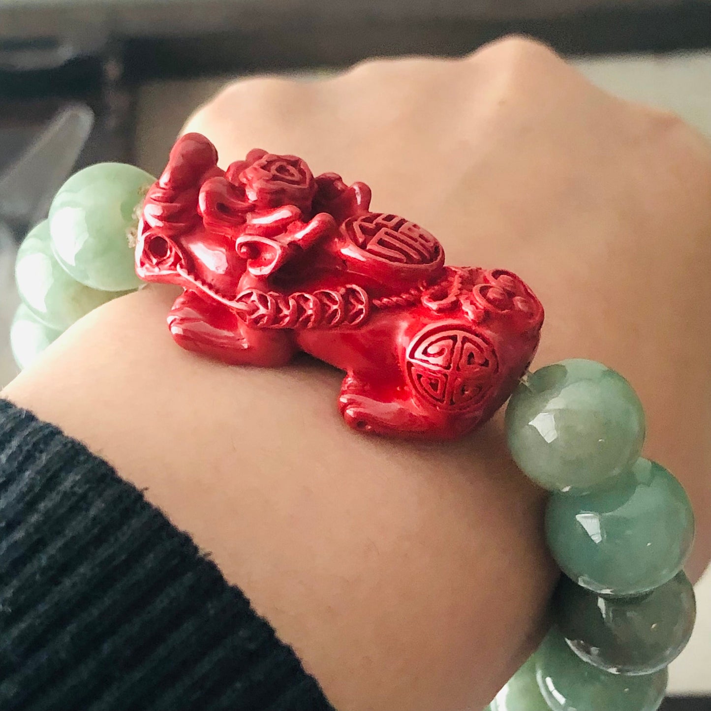 12.5-13.5mm Jadeite Jade Earthy Green Bead Bracelet with Big Cinnabar Pixiu