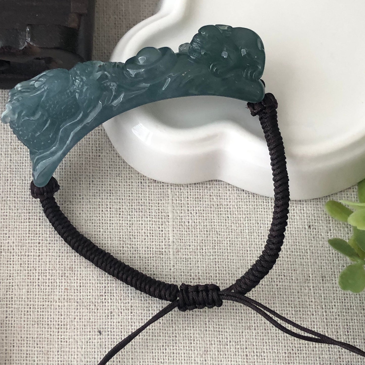 55 mm Icy Blue Guatemalan Jade Carved Dragon Head and Pixiu Bracelet RARE