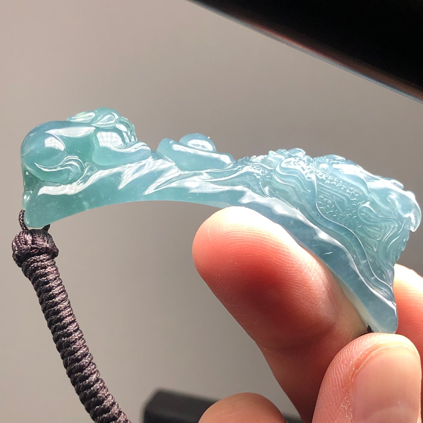 55 mm Icy Blue Guatemalan Jade Carved Dragon Head and Pixiu Bracelet RARE