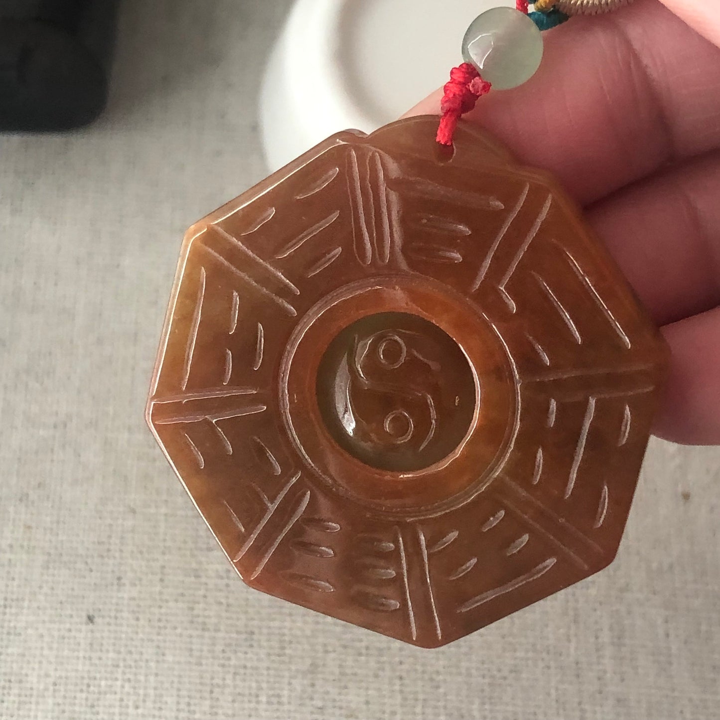 41 mm Red Brown Jadeite Jade Carved Bai Gua Pendant
