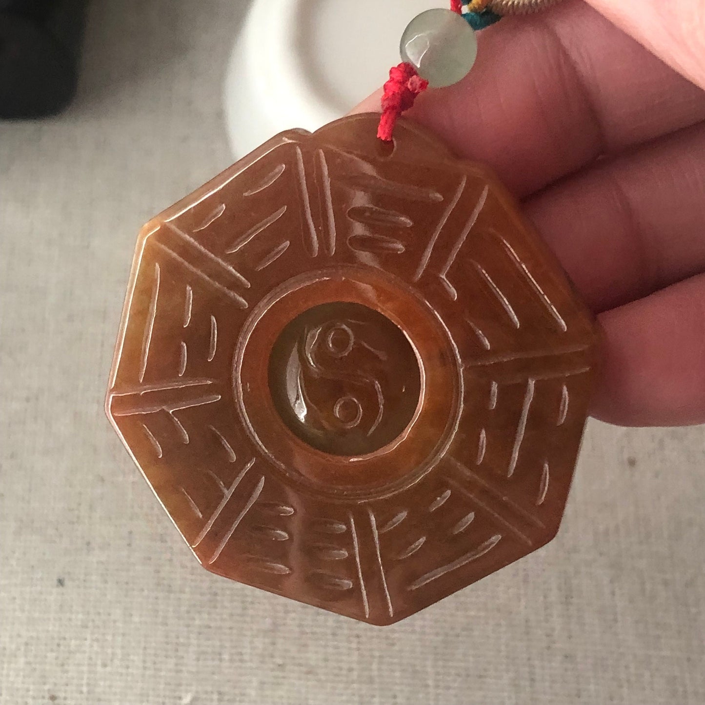 41 mm Red Brown Jadeite Jade Carved Bai Gua Pendant
