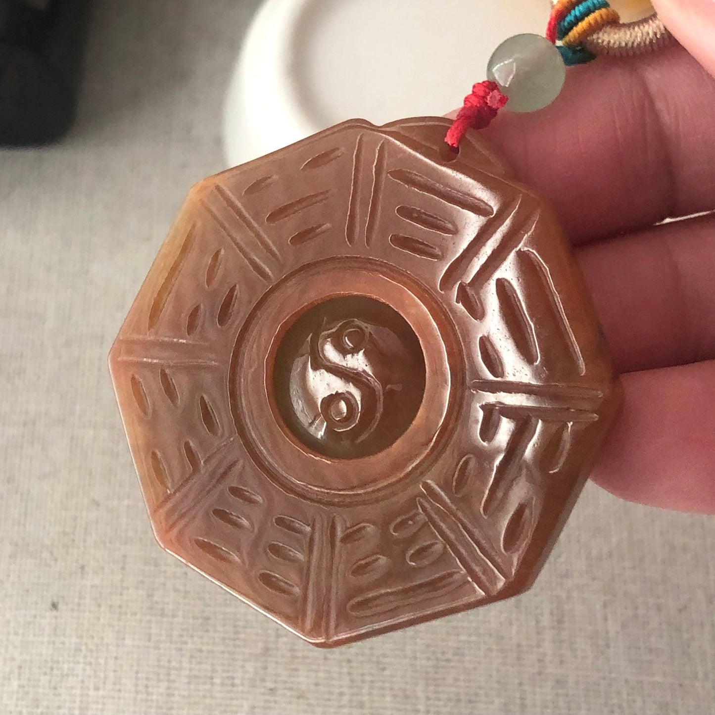 41 mm Red Brown Jadeite Jade Carved Bai Gua Pendant