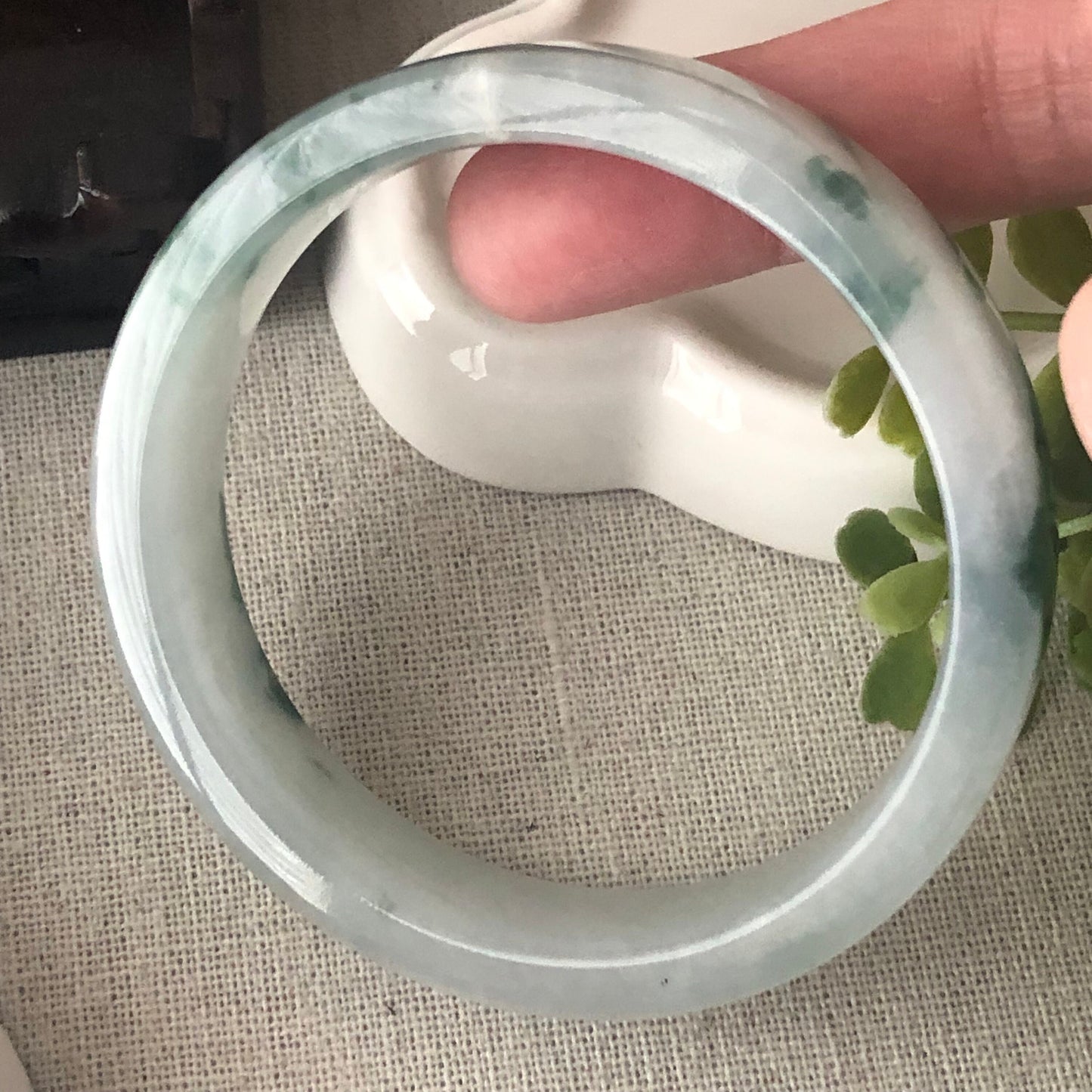 57mm Icy Green Float Flowers Square Shaped Jadeite Jade Bangle
