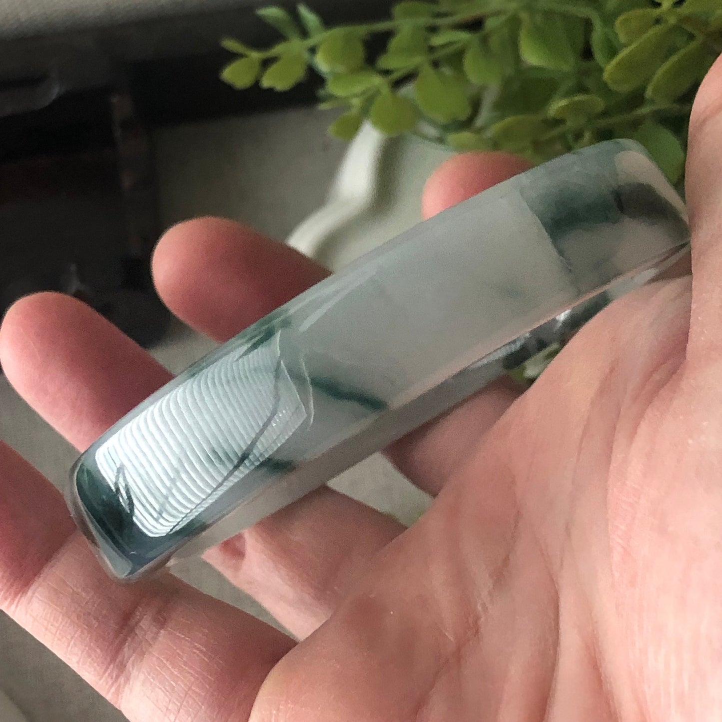 57mm Icy Green Float Flowers Square Shaped Jadeite Jade Bangle