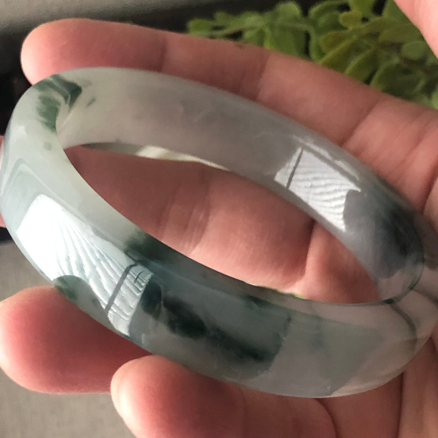 57mm Icy Green Float Flowers Square Shaped Jadeite Jade Bangle