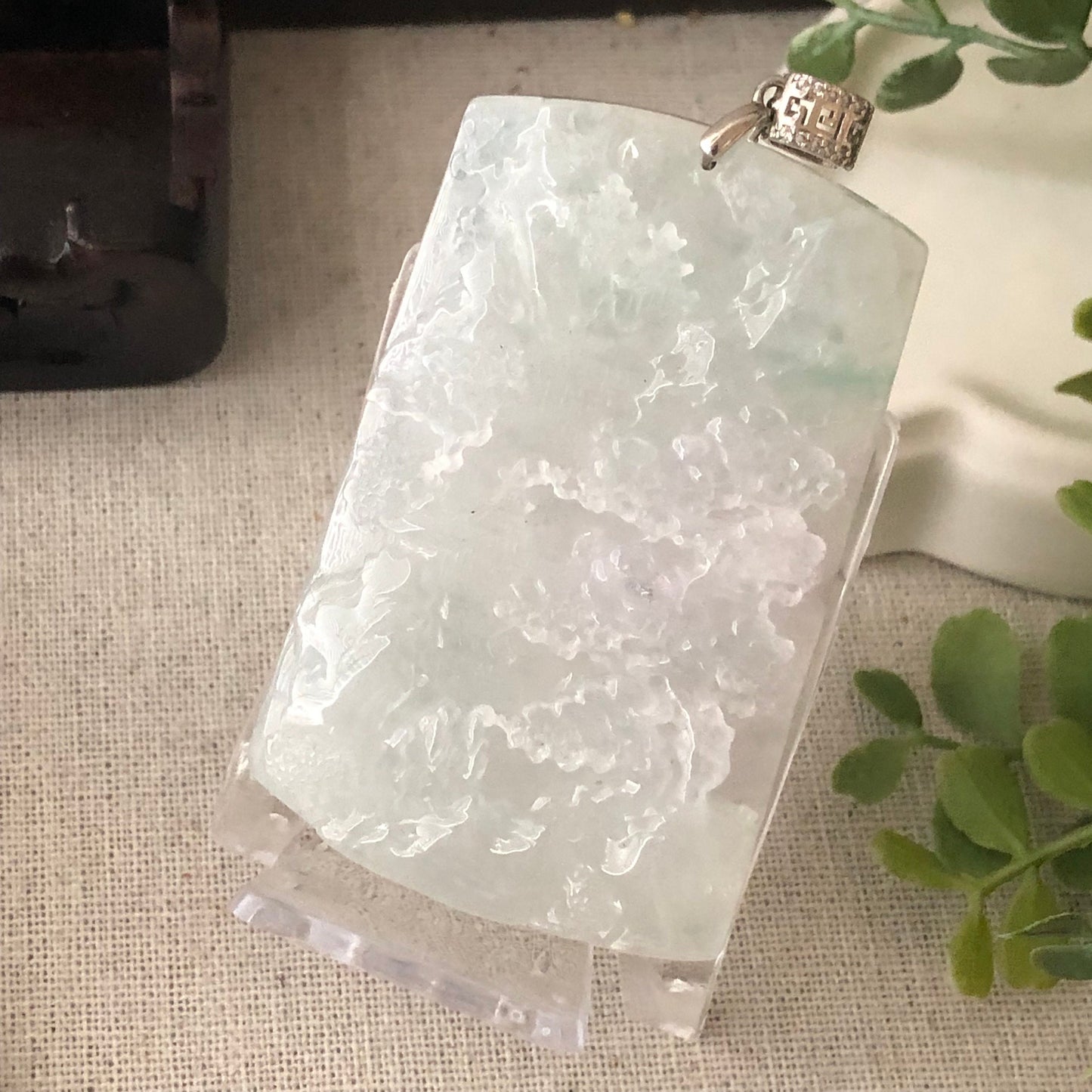 63.8mm High Icy Jadeite Jade Green Carved Floral Landscape Scenery Pendant