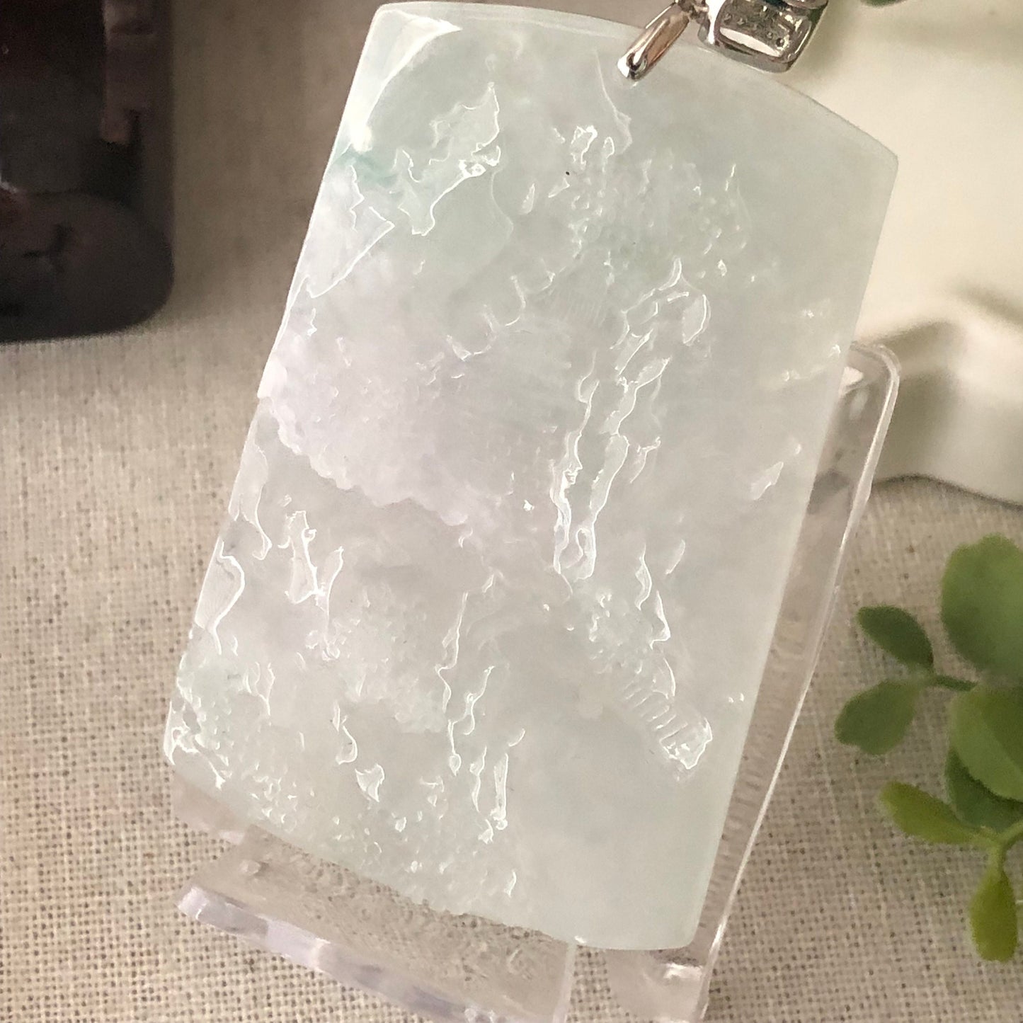 63.8mm High Icy Jadeite Jade Green Carved Floral Landscape Scenery Pendant