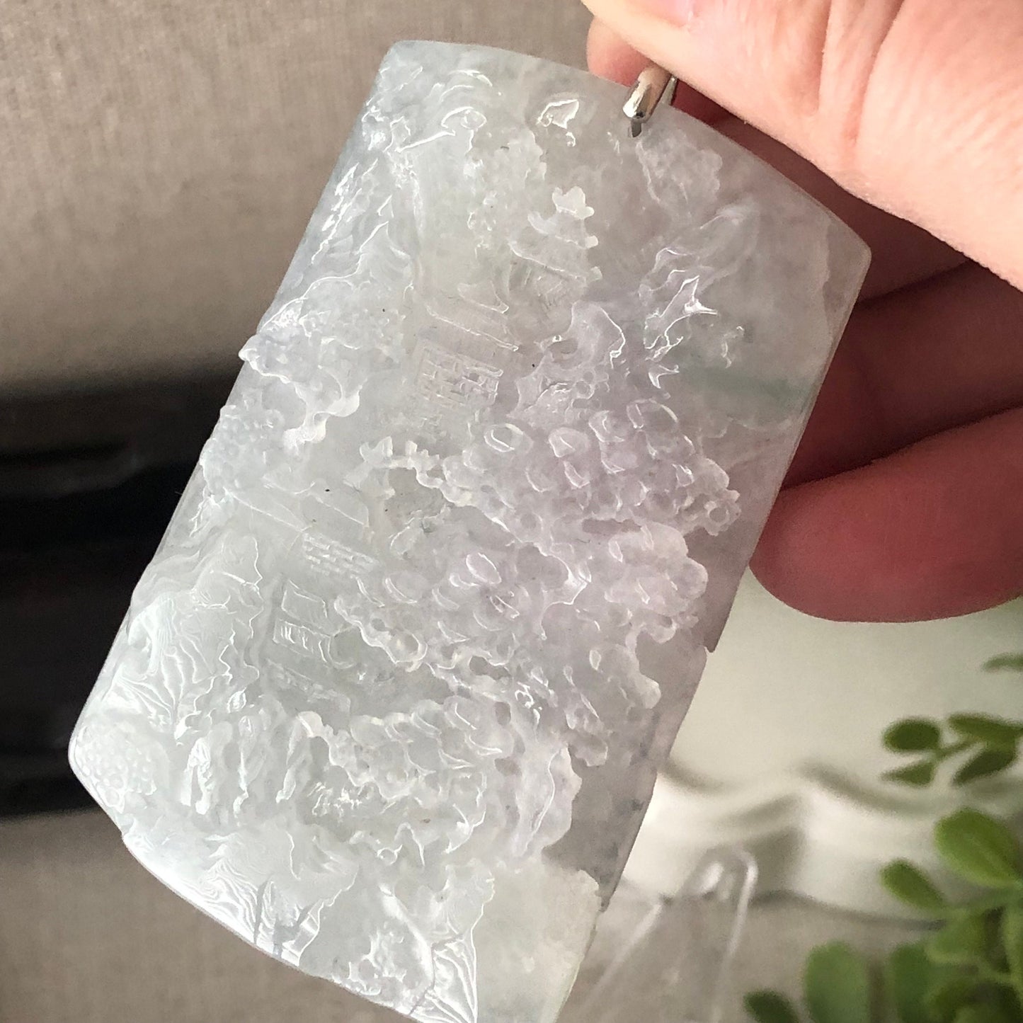 63.8mm High Icy Jadeite Jade Green Carved Floral Landscape Scenery Pendant