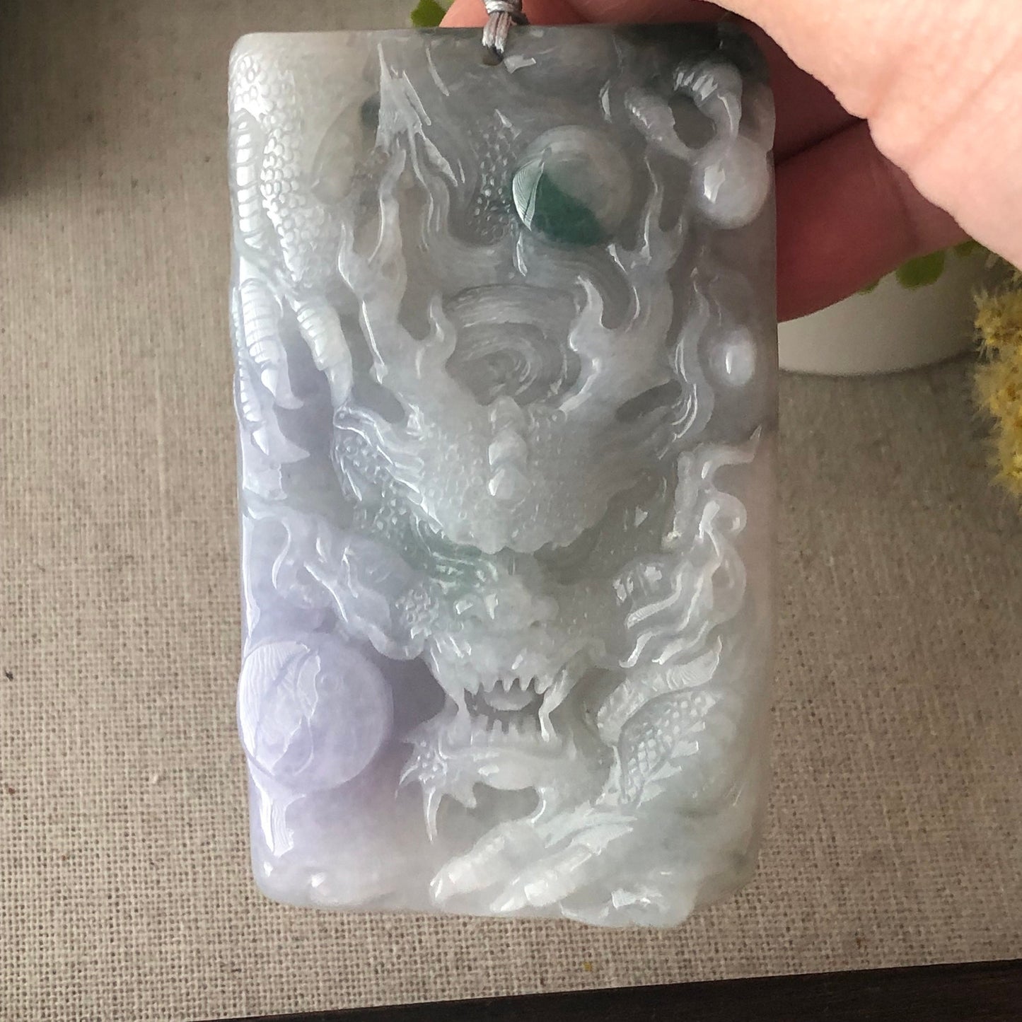 78.3mm Glossy Lavender Green Float Flowers Jadeite Jade Carved Dragon Pendant