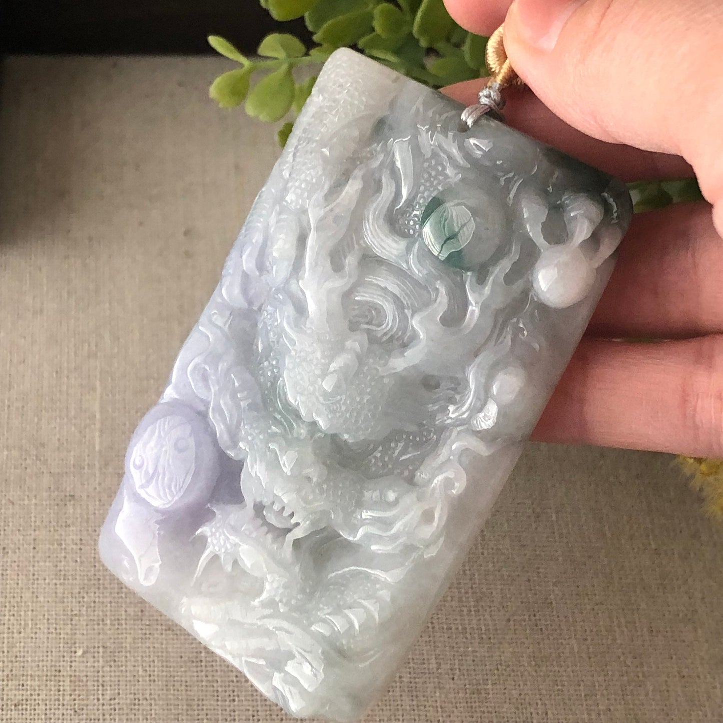 78.3mm Glossy Lavender Green Float Flowers Jadeite Jade Carved Dragon Pendant