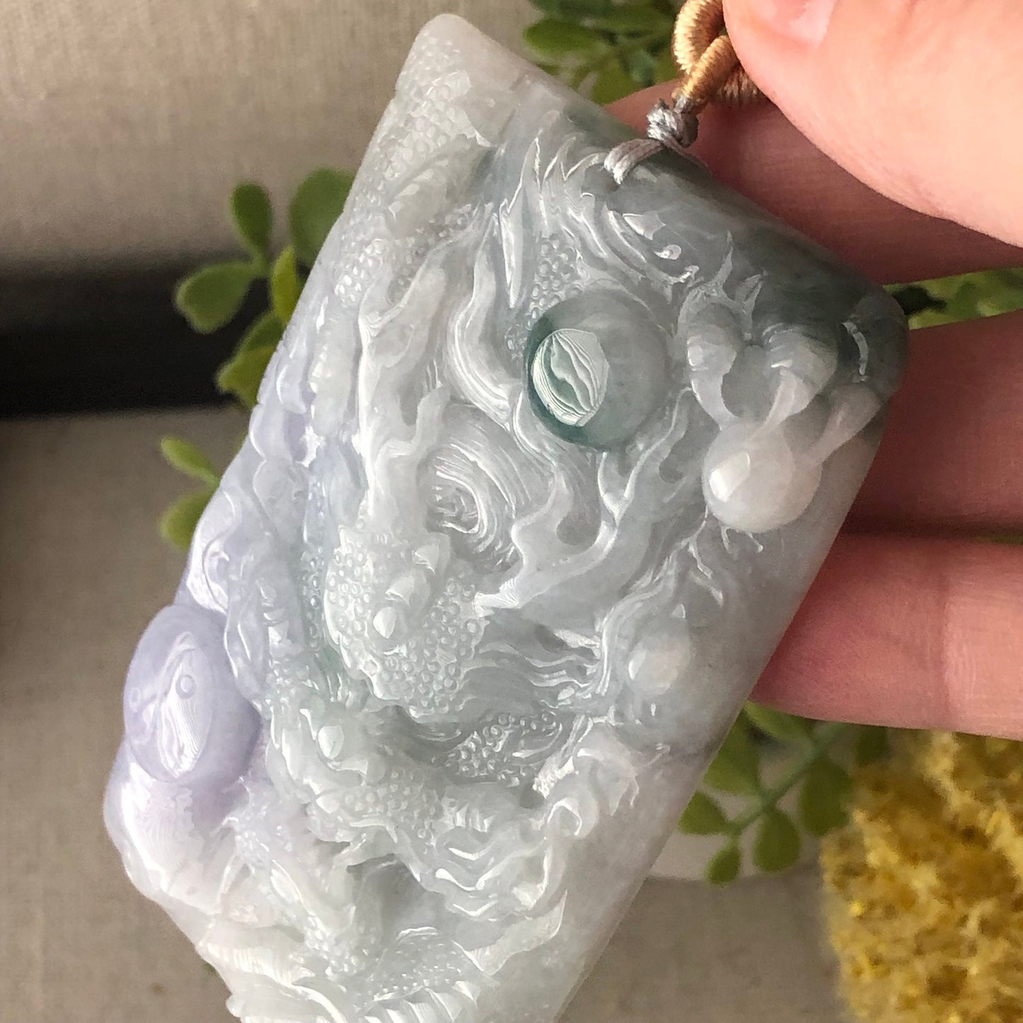 78.3mm Glossy Lavender Green Float Flowers Jadeite Jade Carved Dragon Pendant