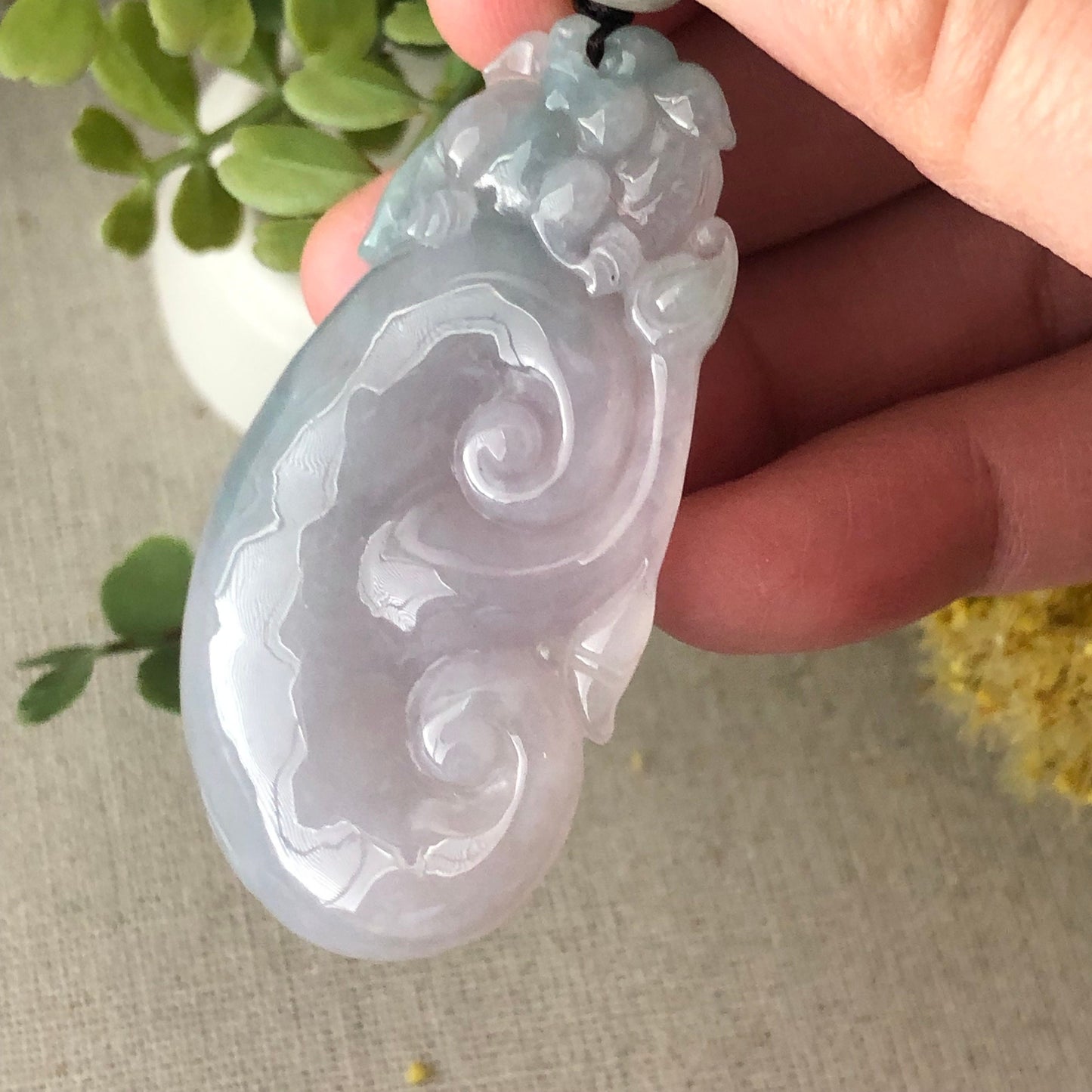 55.9 mm Glossy Green Lavender Carved Pixiu Ruyi Jadeite Jade