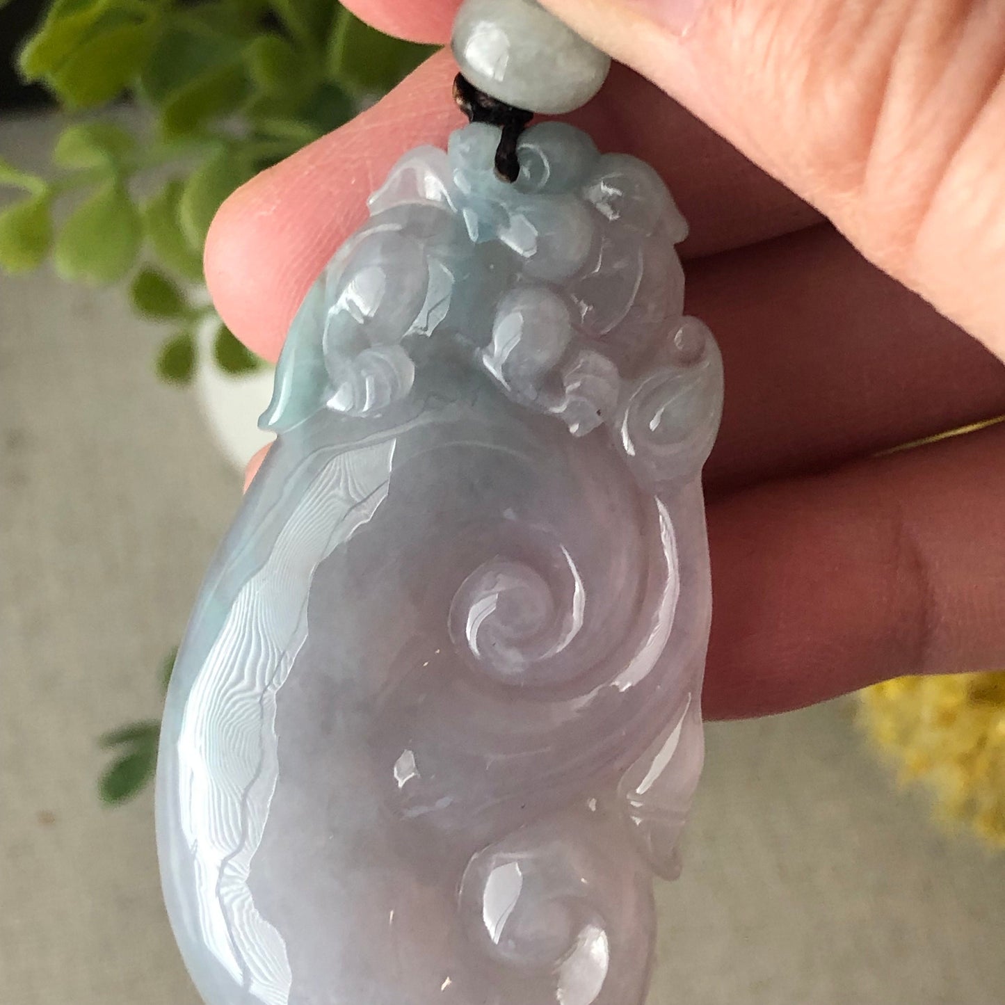 55.9 mm Glossy Green Lavender Carved Pixiu Ruyi Jadeite Jade