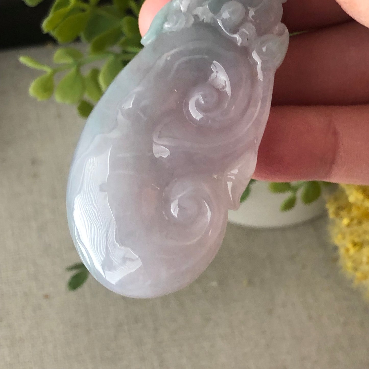 55.9 mm Glossy Green Lavender Carved Pixiu Ruyi Jadeite Jade