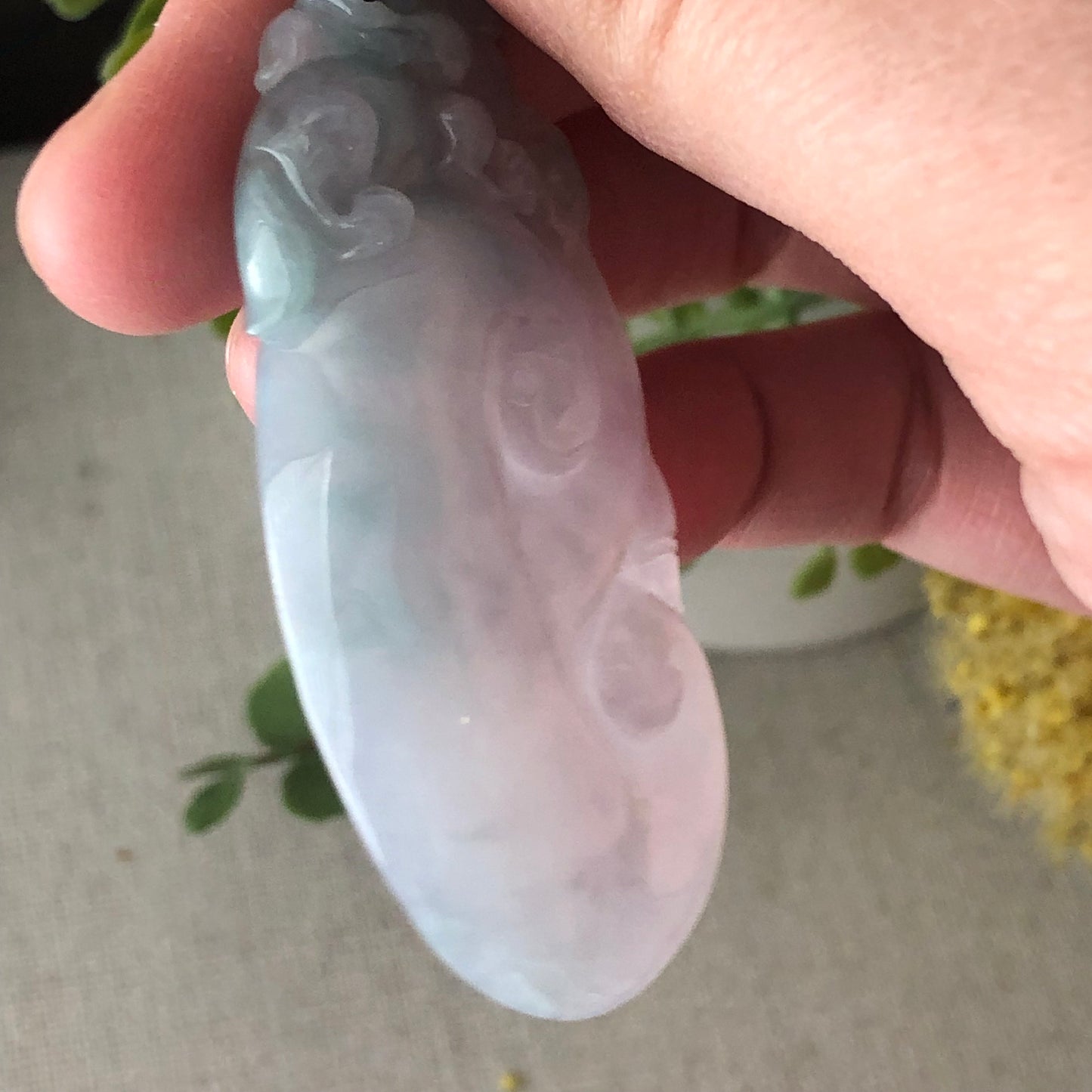 55.9 mm Glossy Green Lavender Carved Pixiu Ruyi Jadeite Jade