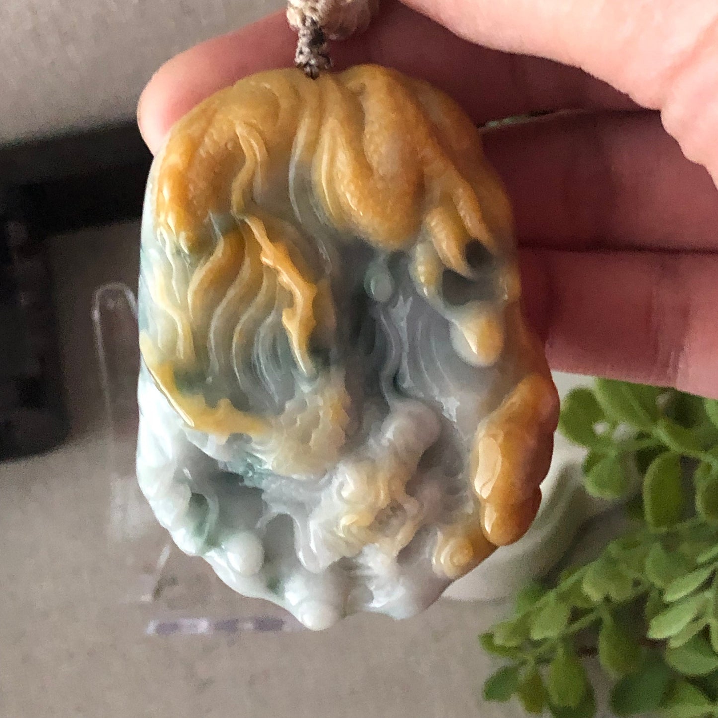59mm Yellow Green Jadeite Jade Carved Dragon Pendant