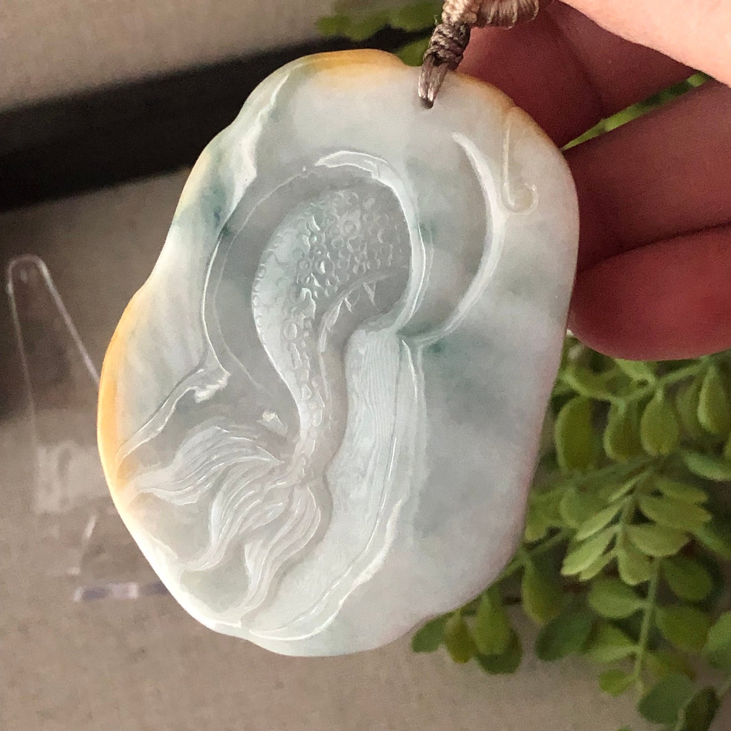 59mm Yellow Green Jadeite Jade Carved Dragon Pendant