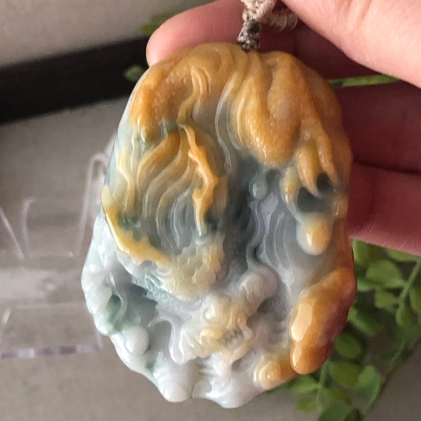 59mm Yellow Green Jadeite Jade Carved Dragon Pendant
