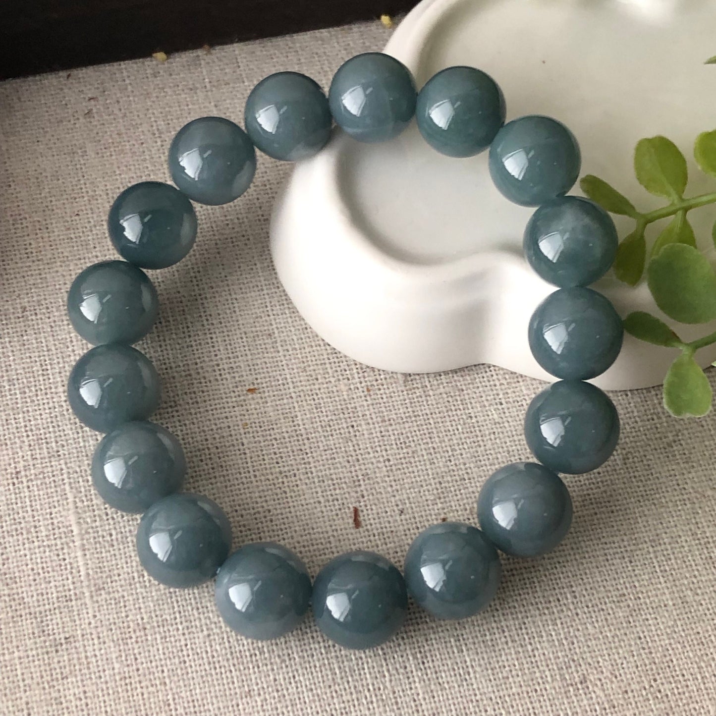 12.5 mm Glossy Moist GreenBlue Jadeite Jade Bead Bracelet