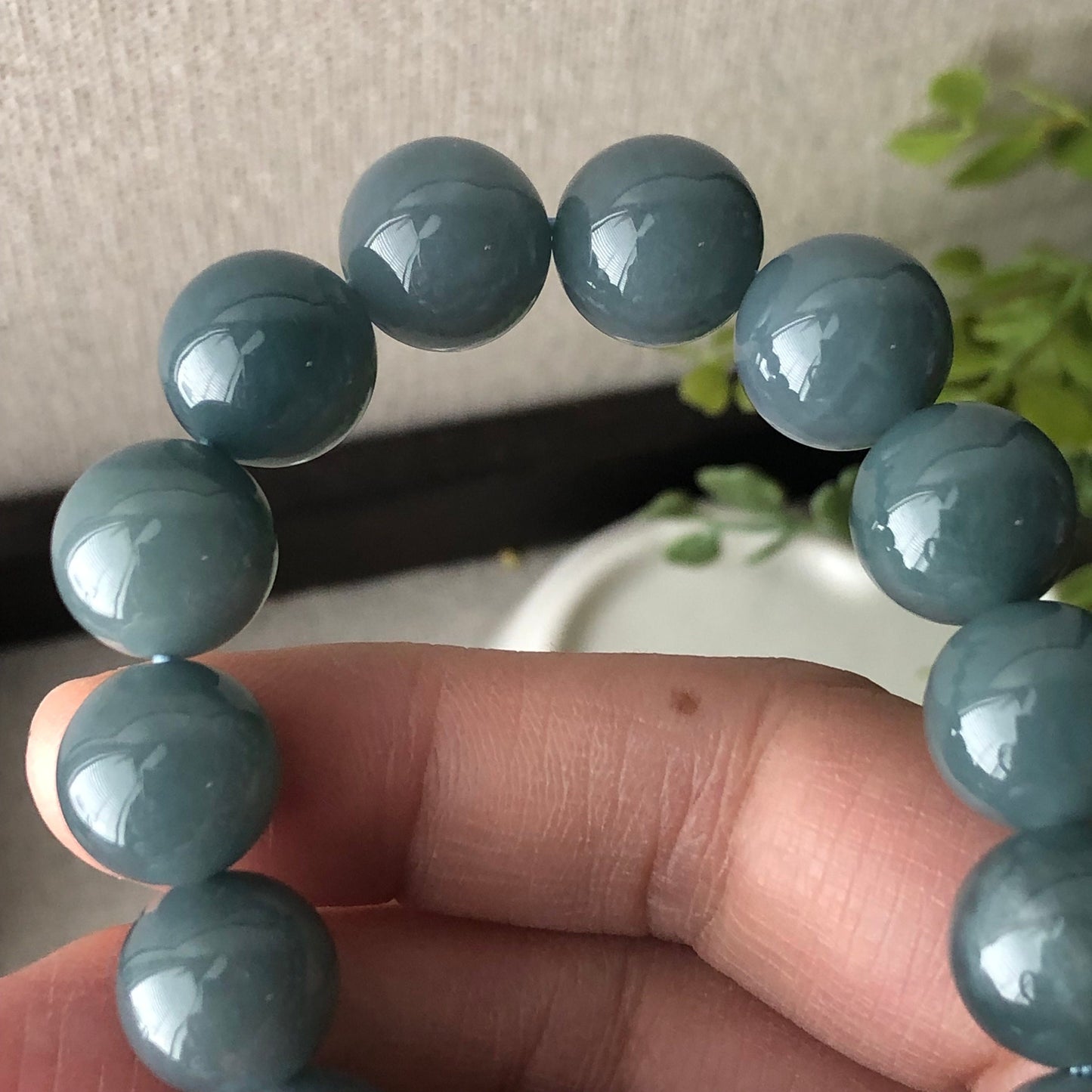 12.5 mm Glossy Moist GreenBlue Jadeite Jade Bead Bracelet
