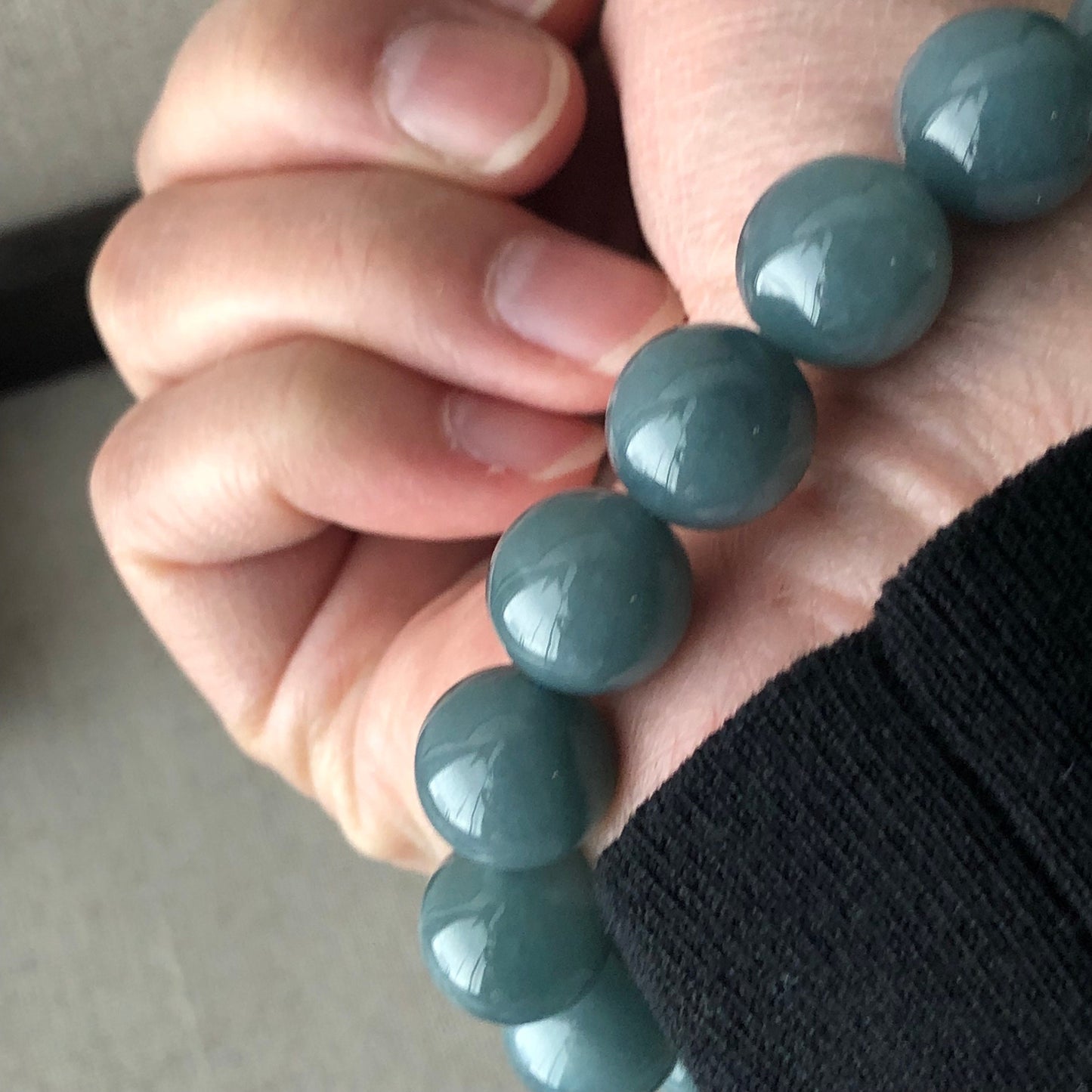 12.5 mm Glossy Moist GreenBlue Jadeite Jade Bead Bracelet