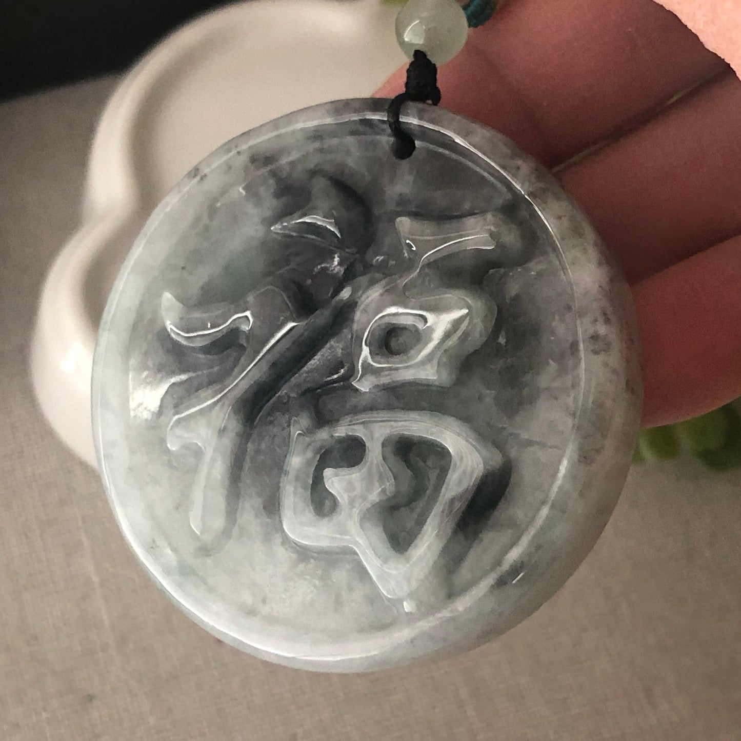 50mm Wuji Jadeite Jade Carved Happiness Character Pendant