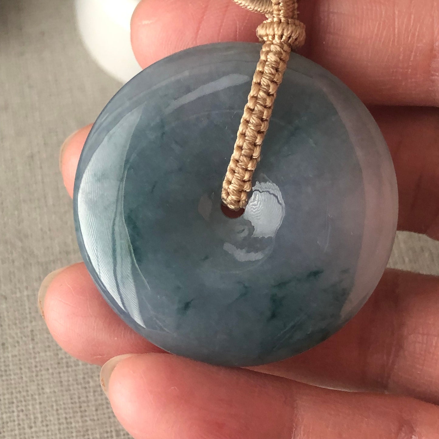 38.5mm Blue Glow Green Float Flowers Jadeite Jade Peace Donut Pendant