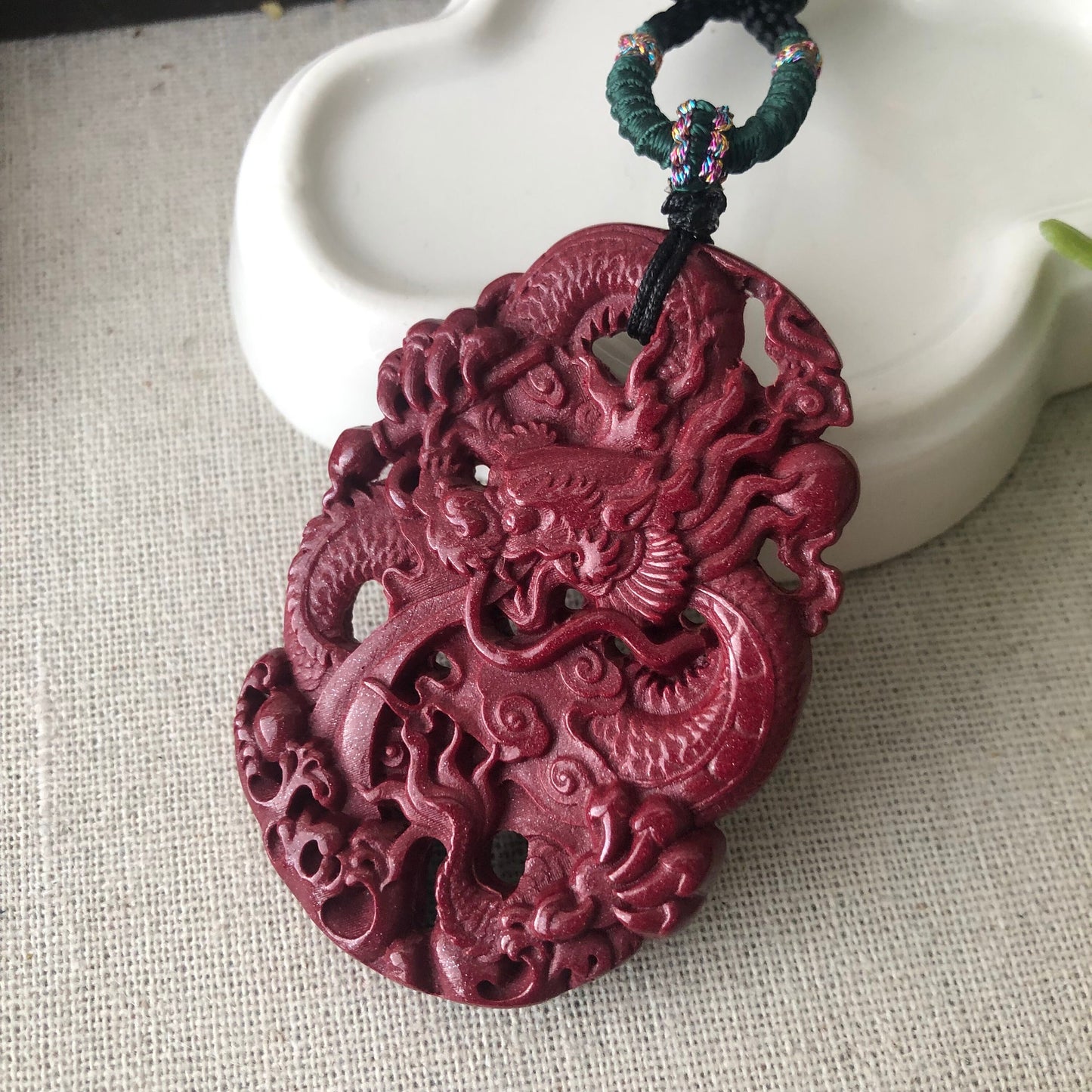 60mm Cinnabar Carved Dragon Key Charm Pendant