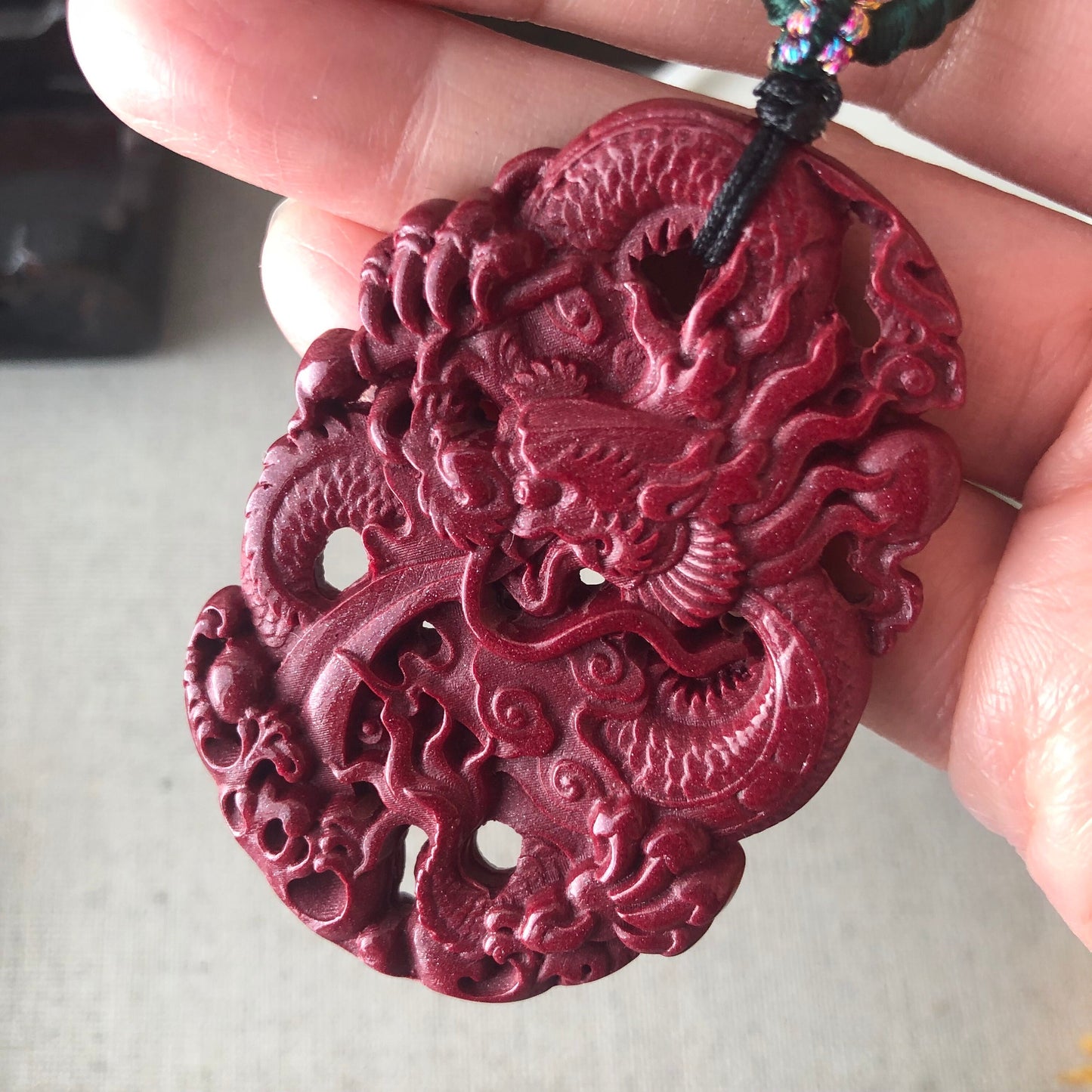 60mm Cinnabar Carved Dragon Key Charm Pendant
